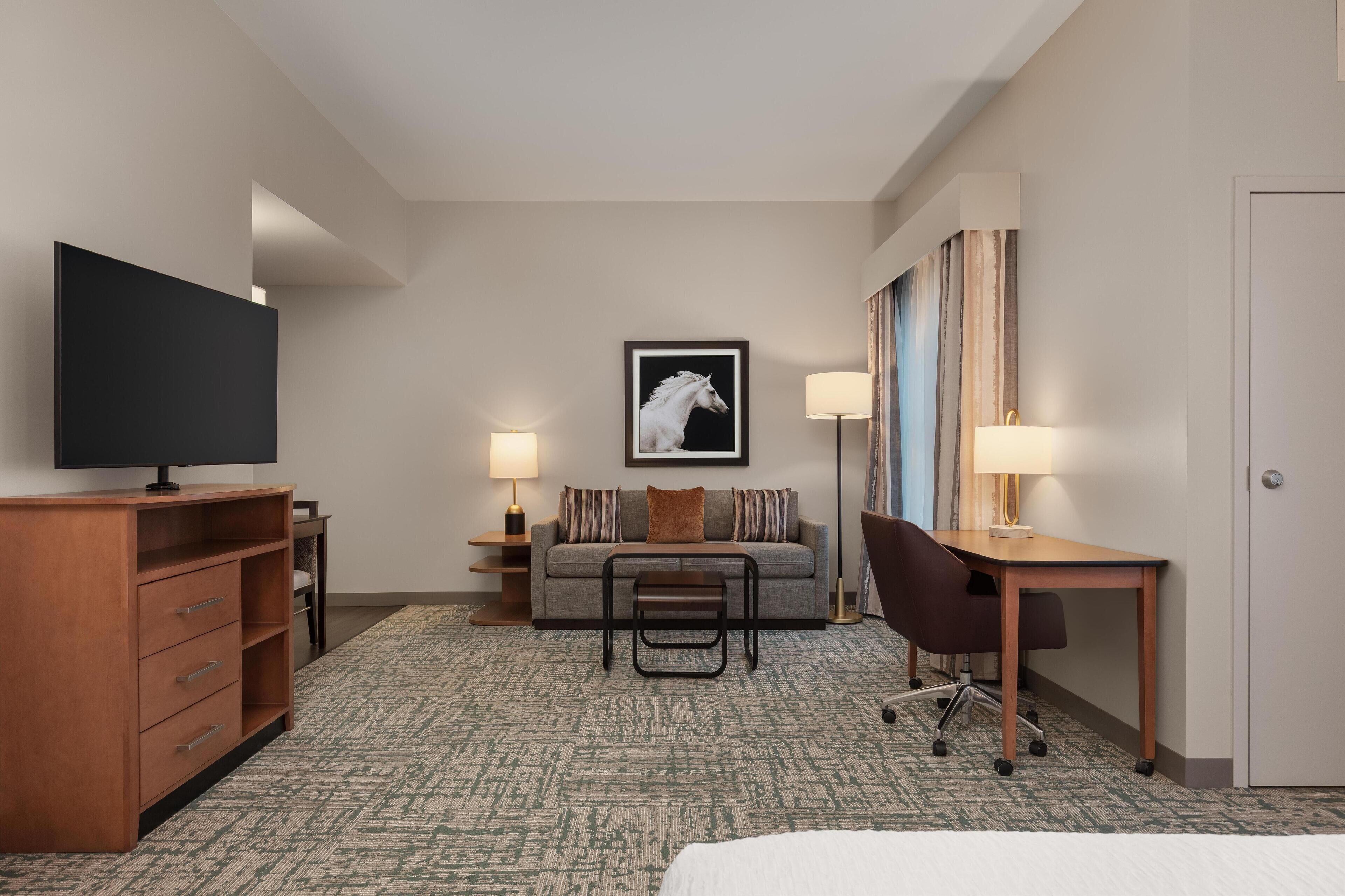 Desk, laptop workspace, blackout curtains, iron/ironing board