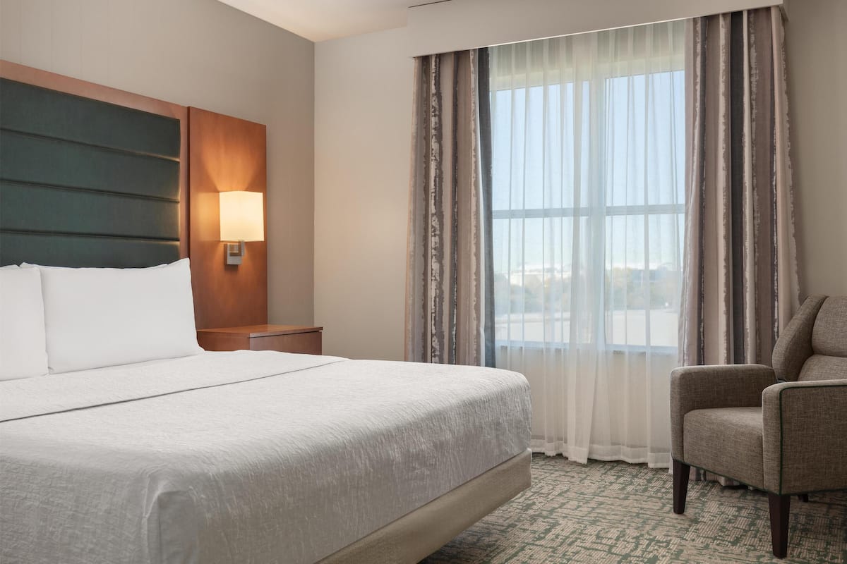 Desk, laptop workspace, blackout curtains, iron/ironing board