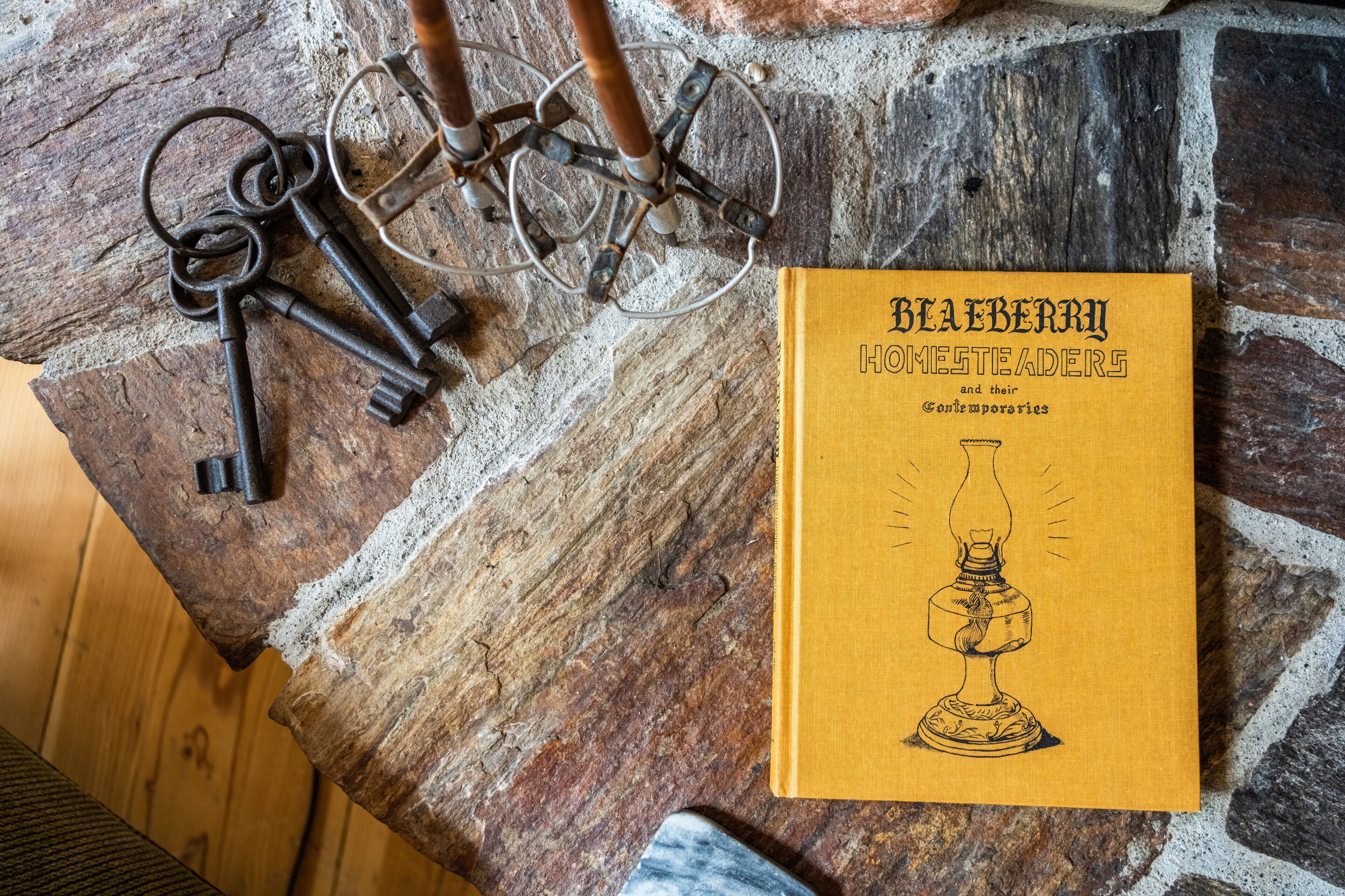 Un livre intitulé « Les pionniers de BLAEBERRY et leurs contemporains » posé sur une surface en pierre texturée.