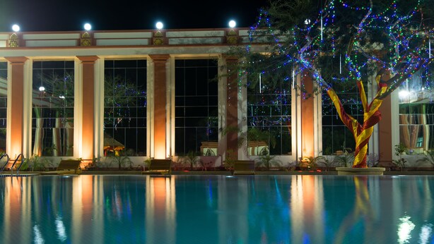 A swimming pool with a reflection of lights and columns, surrounded by plants and a tree with lights.