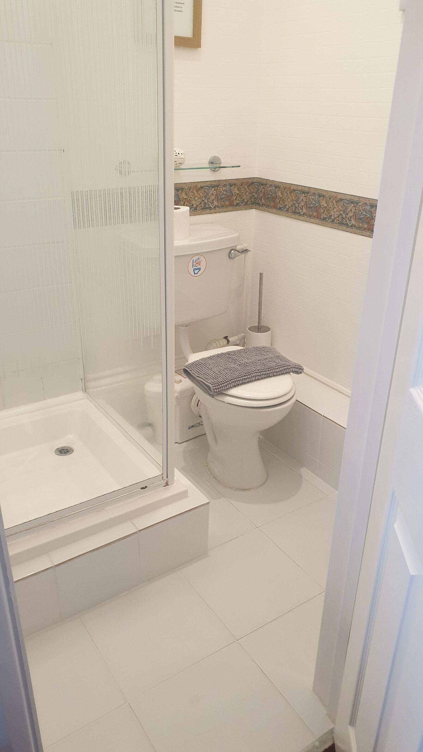 Une salle de bain avec une douche à parois de verre, des toilettes et un lavabo.