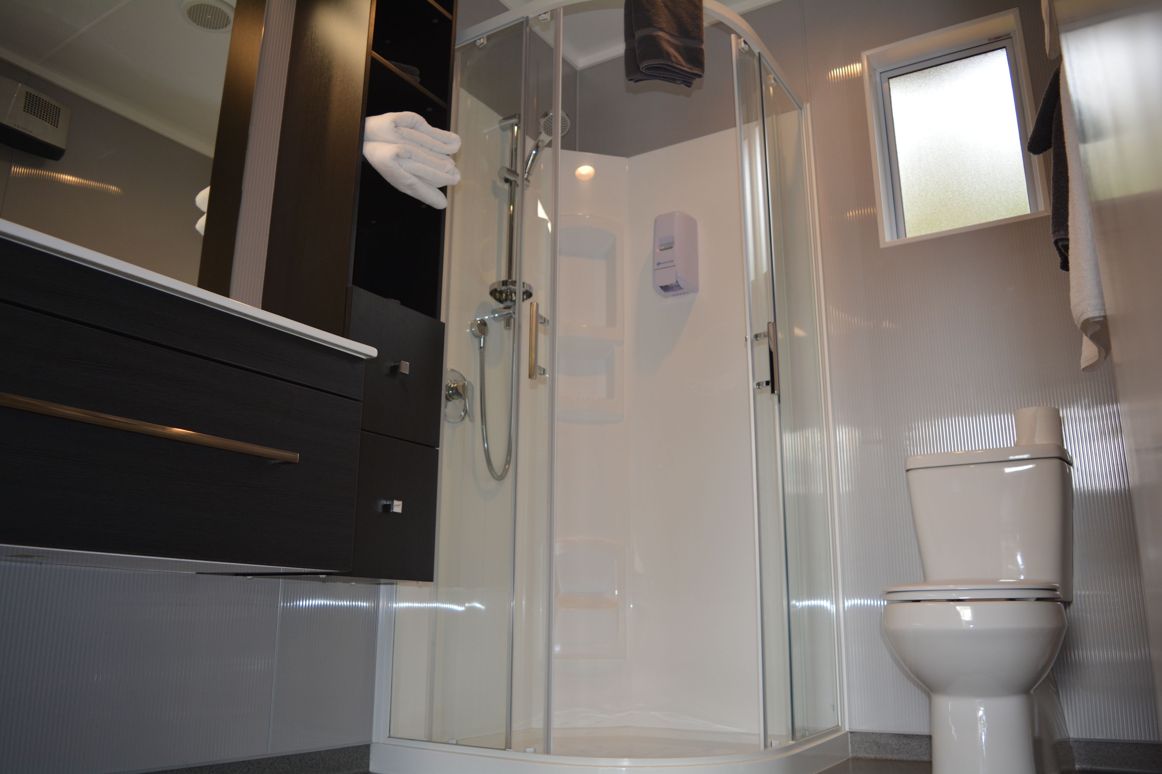 A modern bathroom with a glass shower enclosure, a white toilet, and a dark-colored vanity.