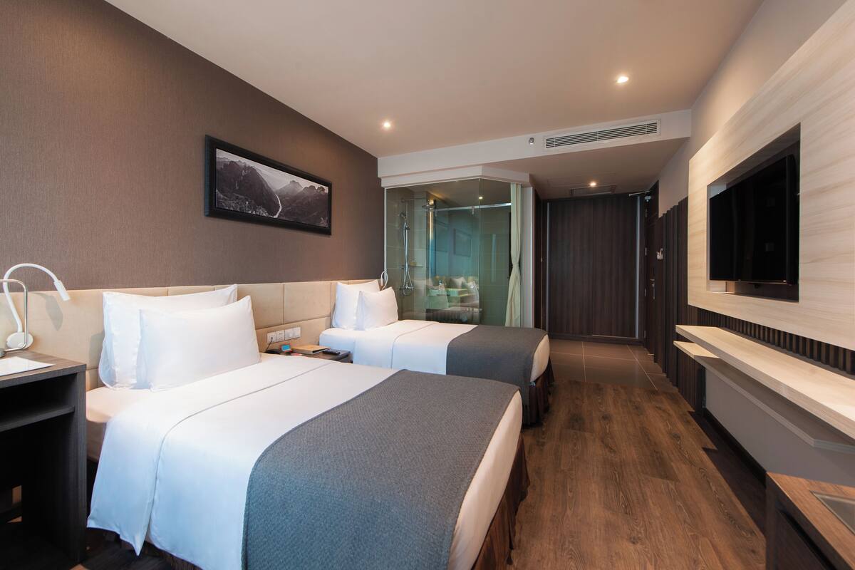 Habitación de hotel con dos camas, un escritorio, un televisor y zona de ducha.