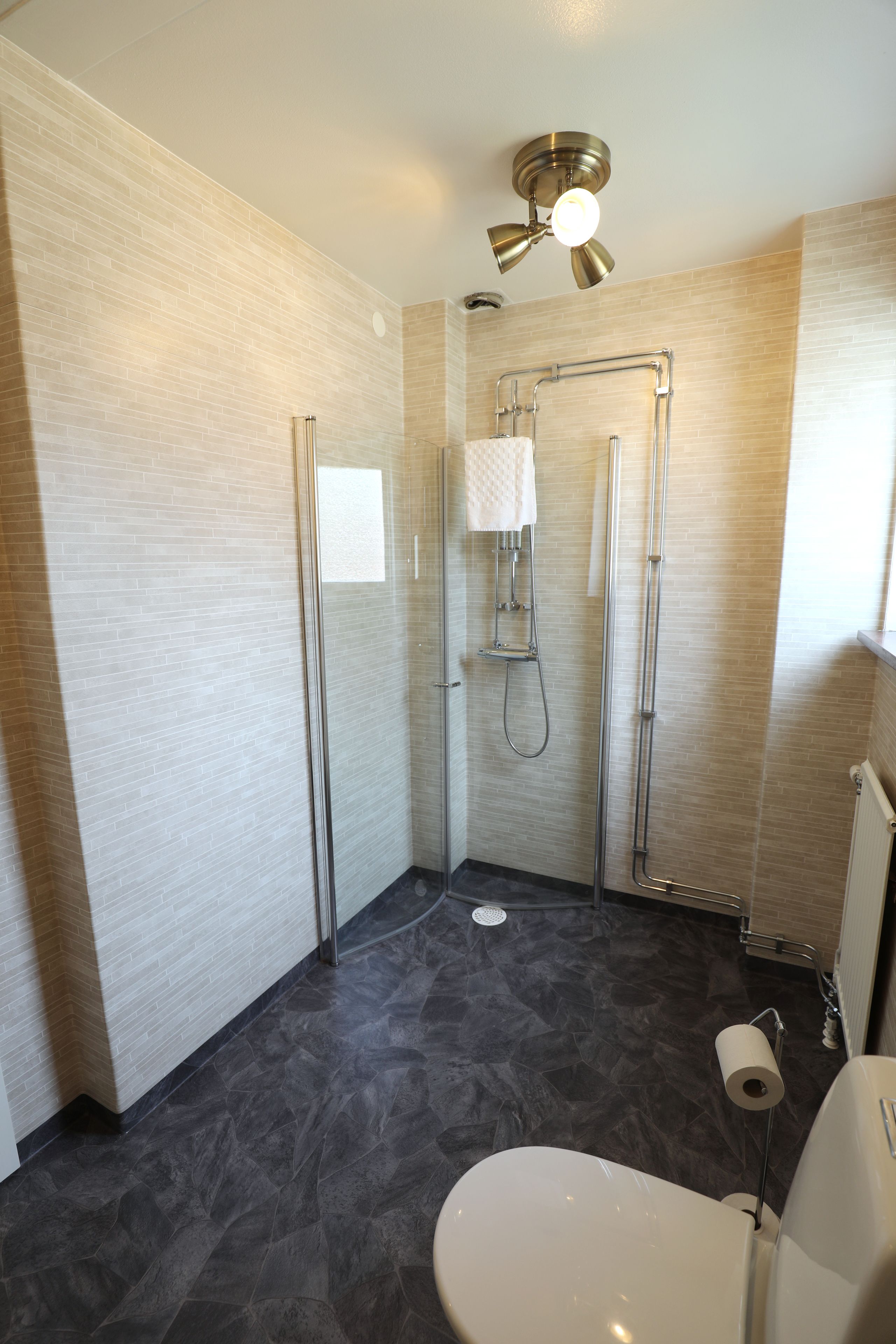 A modern bathroom with a glass-enclosed shower, a toilet, and a ceiling fan.