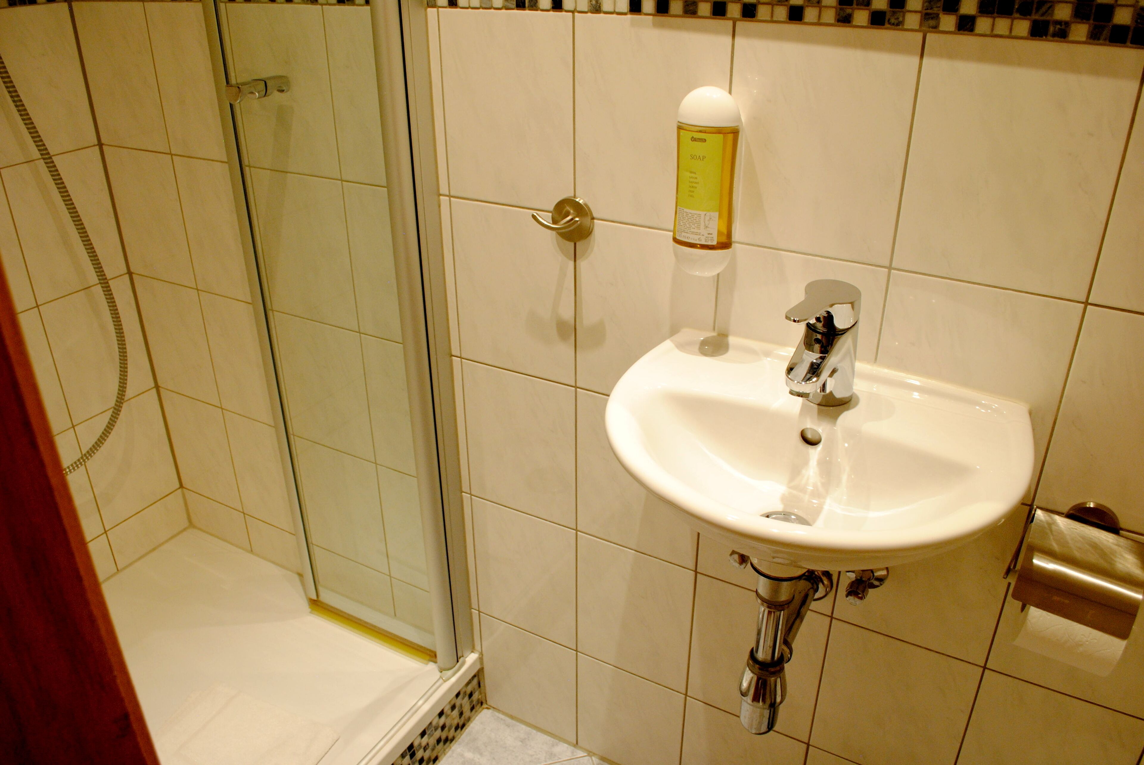 A bathroom with a glass-enclosed shower, a white sink, and a soap dispenser on the wall.