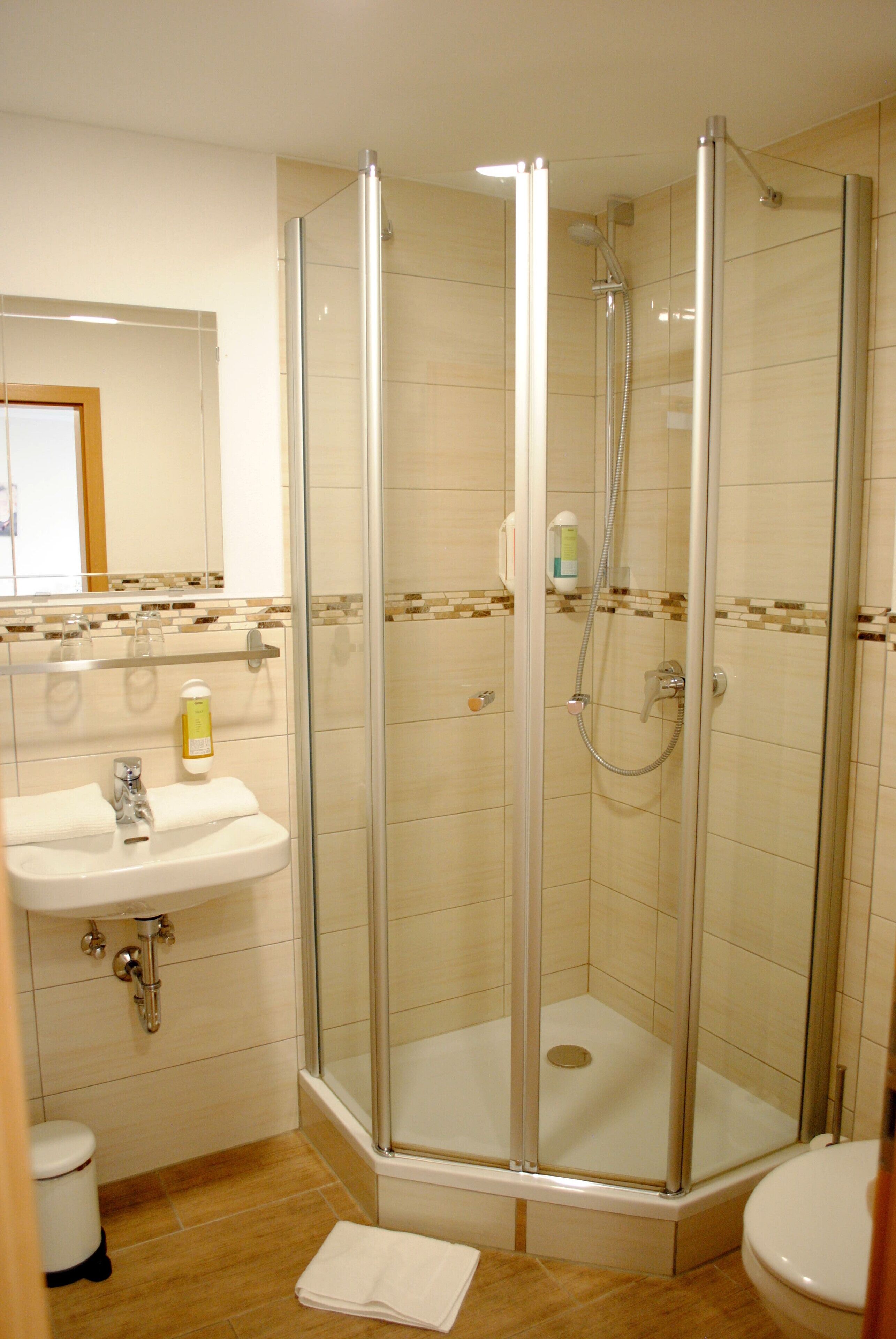 Een moderne badkamer met een douchecabine van glas, een wastafel met spiegel en een toilet.