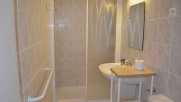 Une salle de bain équipée d’une douche, de toilettes, d’un lavabo et d’un miroir.
