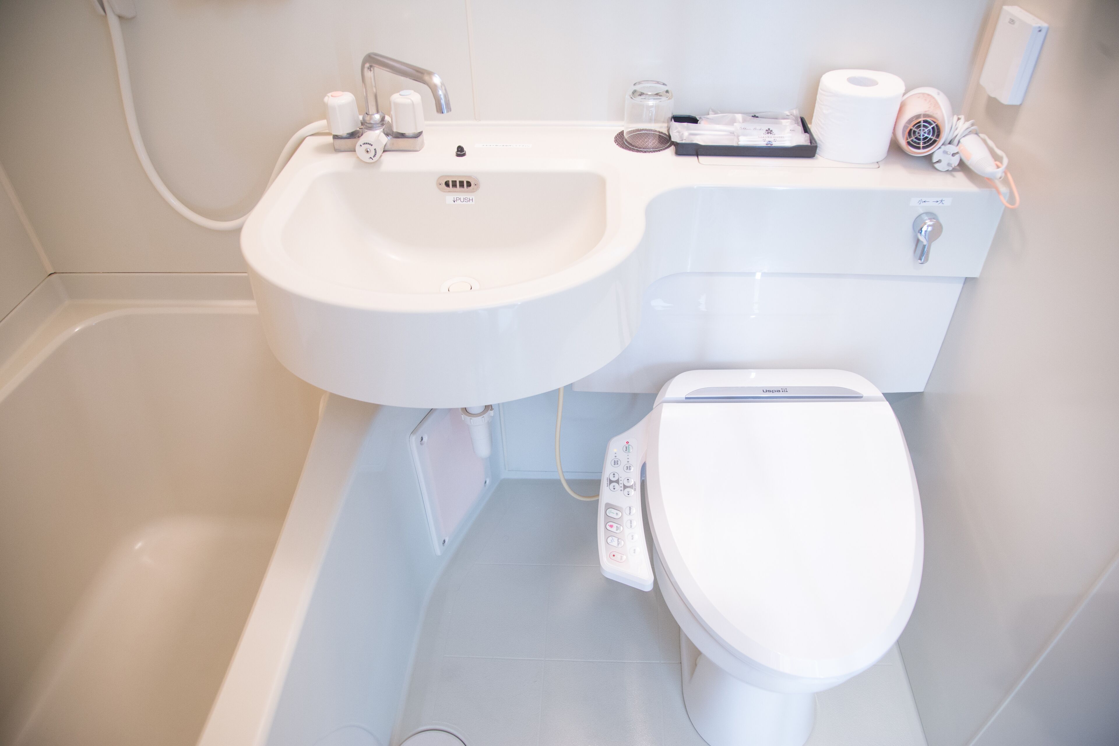 combined shower/bathtub, free toiletries, hair dryer, bathrobes