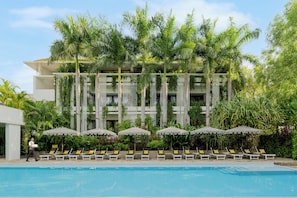 Outdoor pool, pool umbrellas, pool loungers