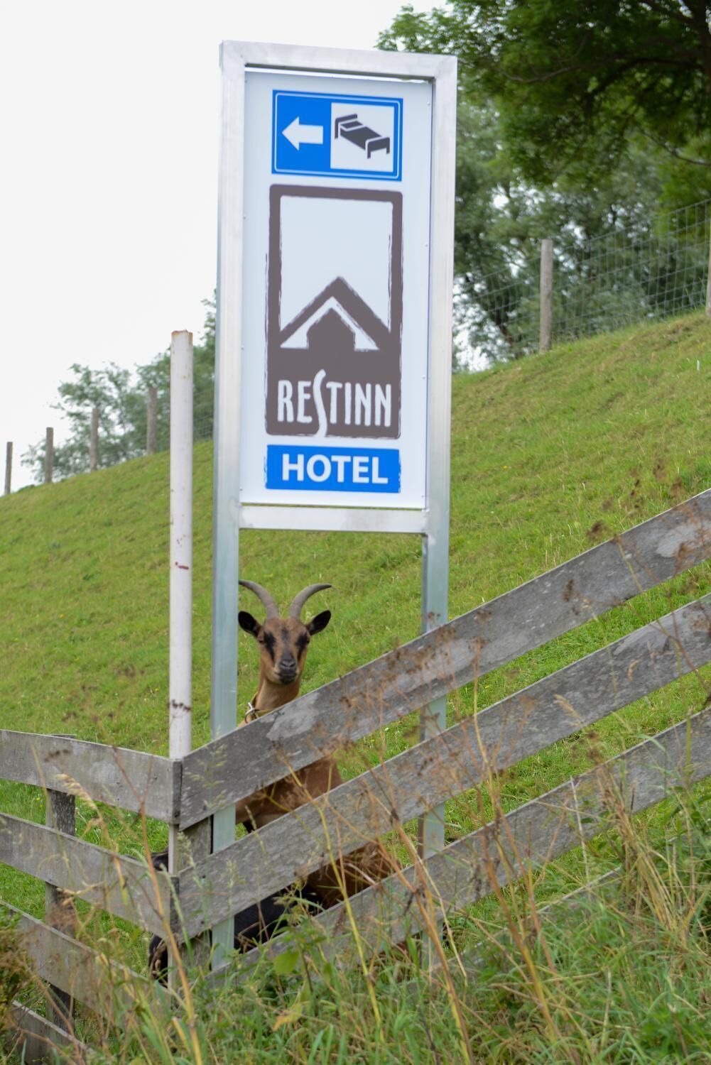 A sign for Restinn Hotel with a directional arrow and a bed icon, indicating a hotel.