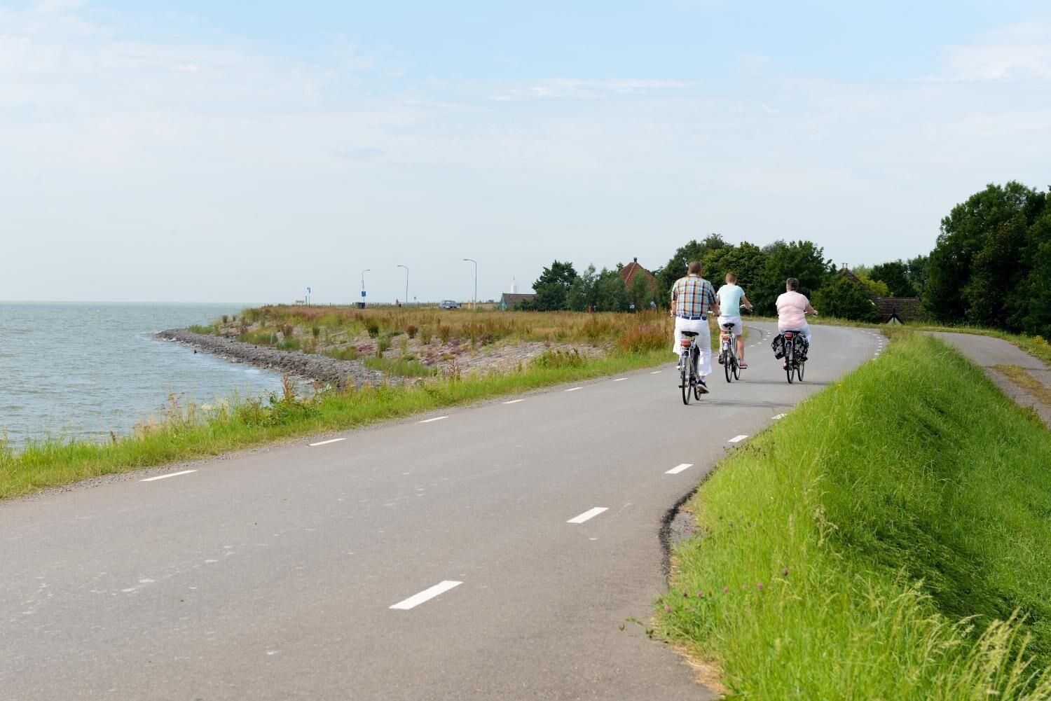 A paved road with cyclists, a body of water, and greenery on both sides.