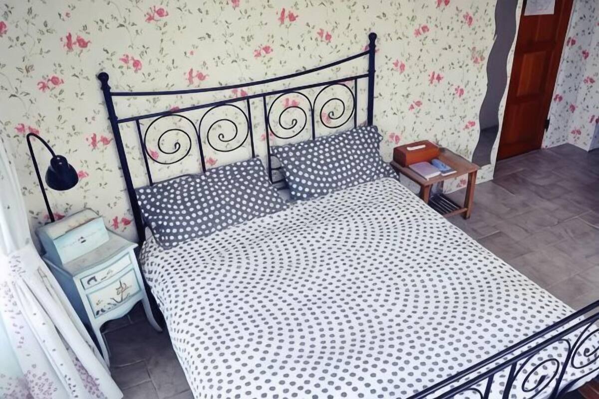 Una cama con estructura metálica, una mesita de noche con lámpara, y una pequeña mesa con libros.