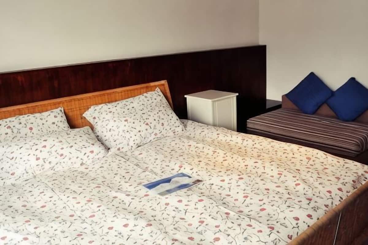 Una cama con ropa de cama floral, una mesita de noche y un sofá con cojines azules.