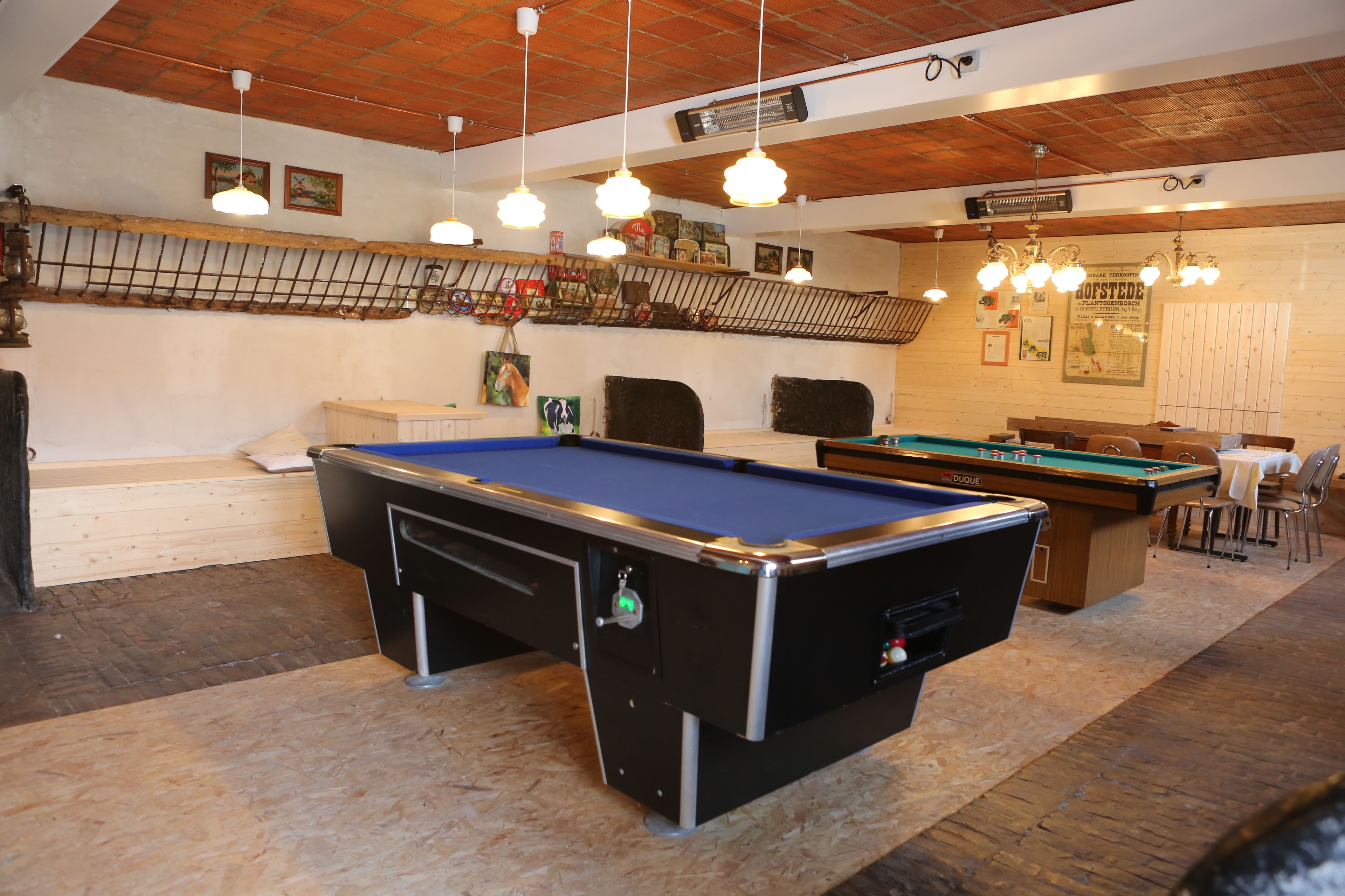 Une table de billard se trouve dans une pièce dont le sol est en bois et dont le plafond est incliné. On aperçoit en arrière-plan des chaises et une table sur laquelle est posé un menu.