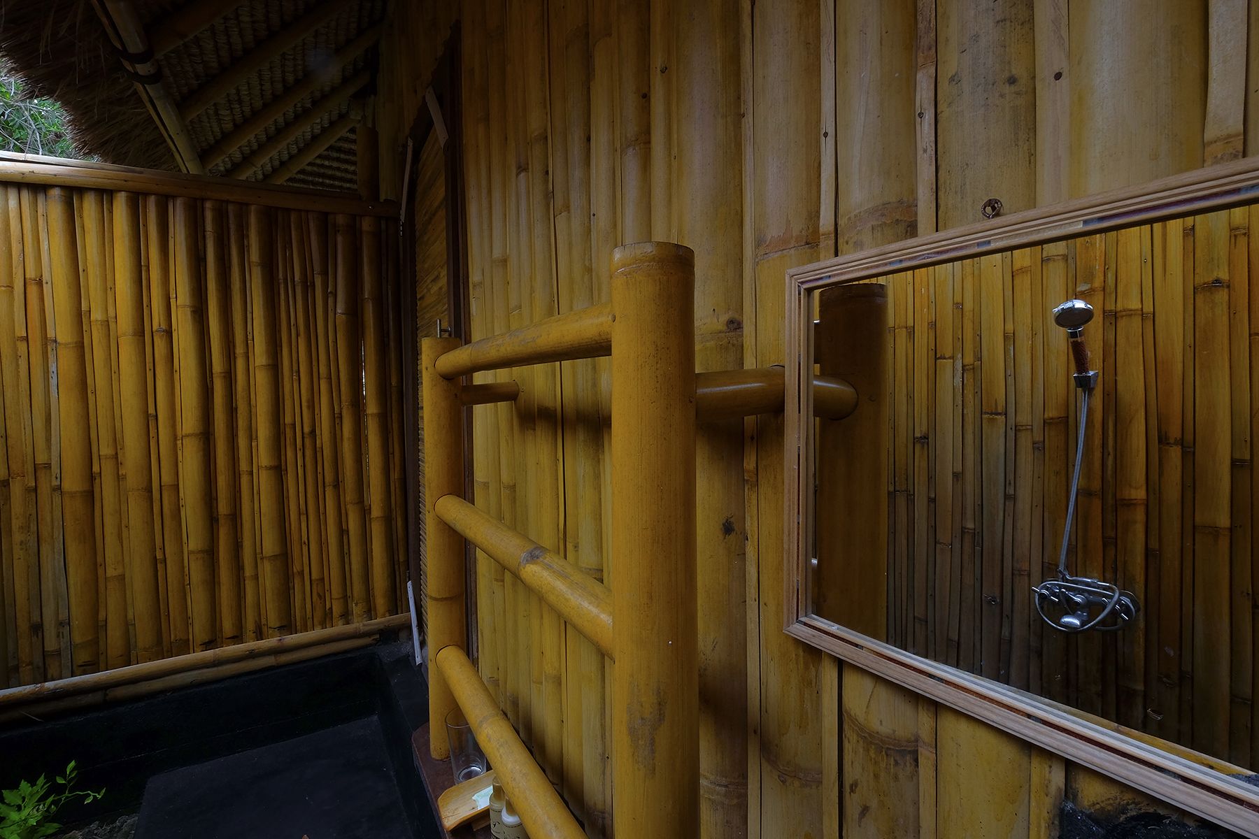 A wooden door with a metal handle and a shower area with a showerhead and hose.