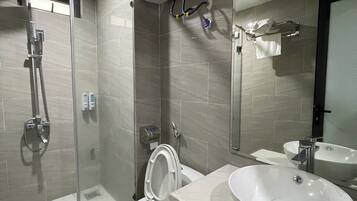 Shower, free toiletries, hair dryer, slippers