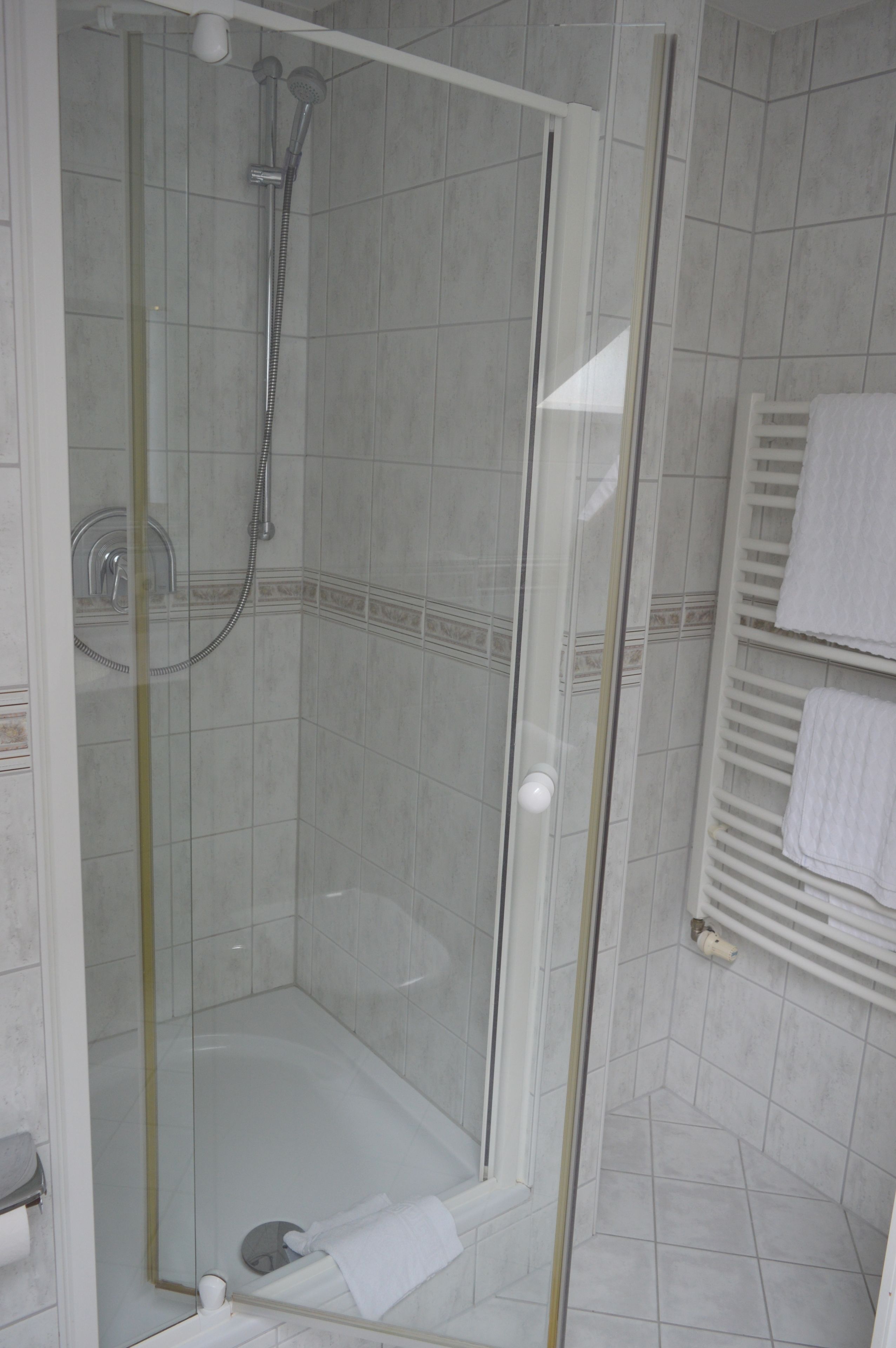 A glass-enclosed shower stall with a handheld showerhead and a wall-mounted faucet.