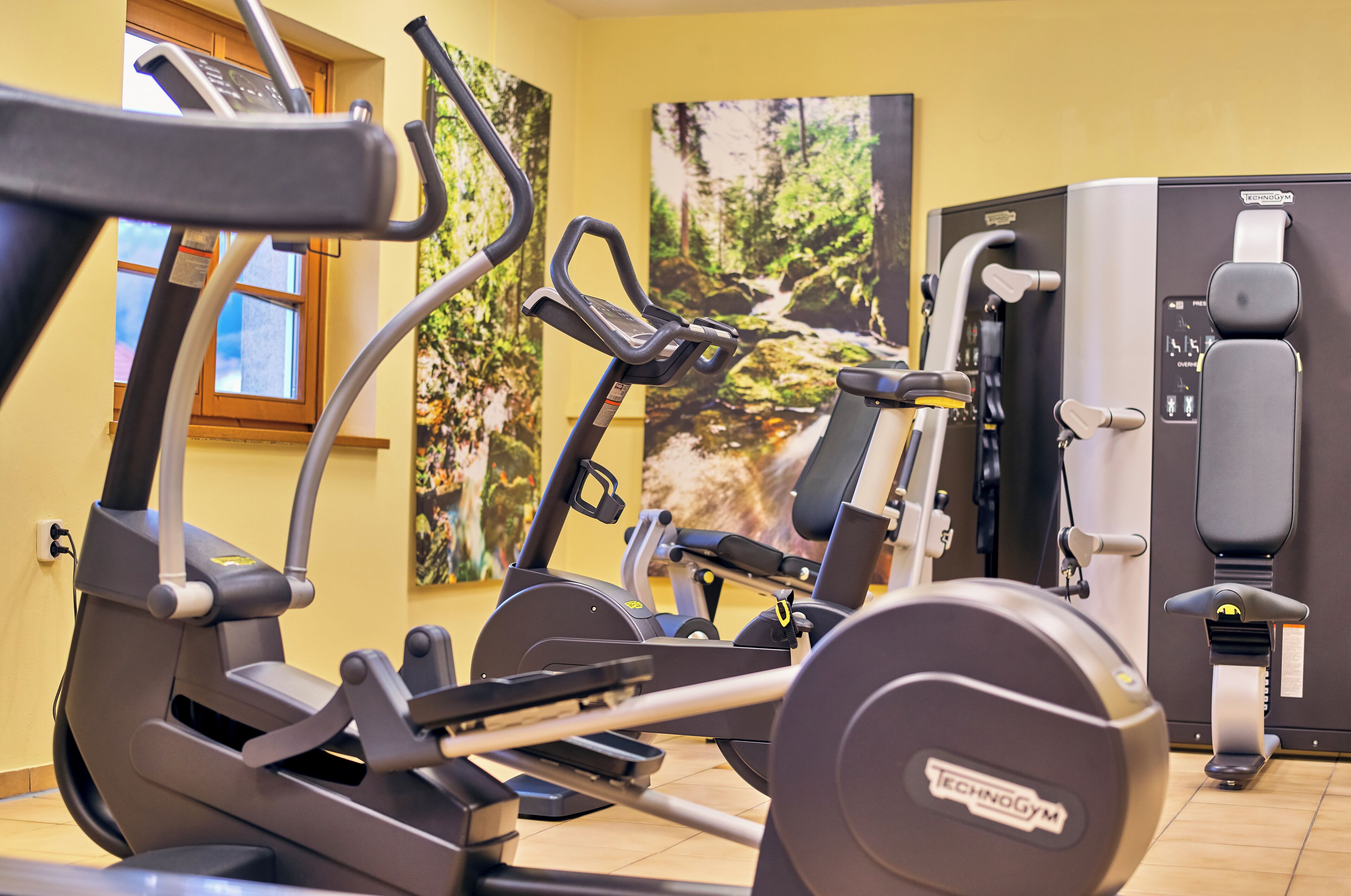 A gym with cardio machines, weight machines, and a large mirror.