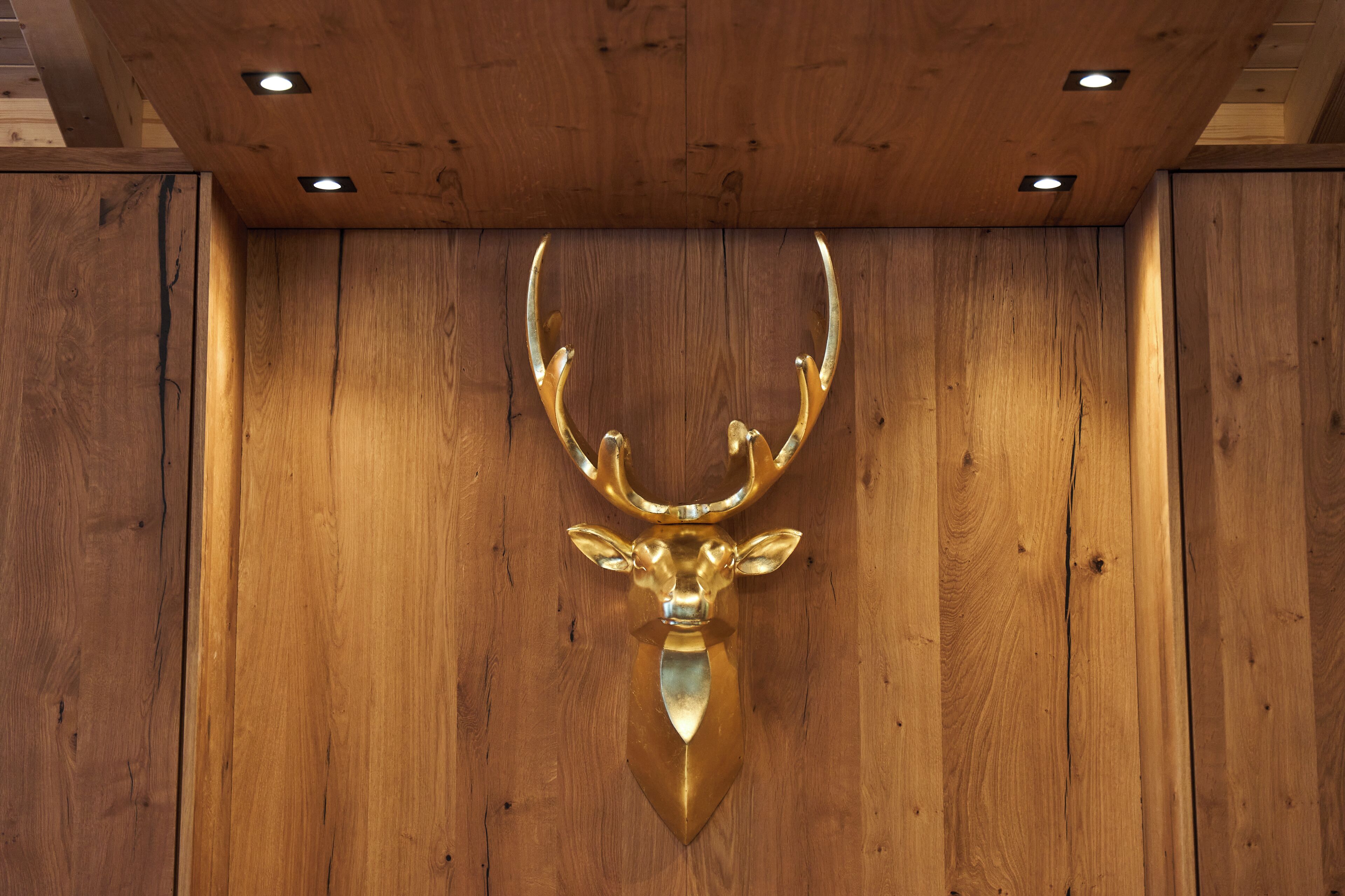 A wooden wall with a golden deer head mounted on it.