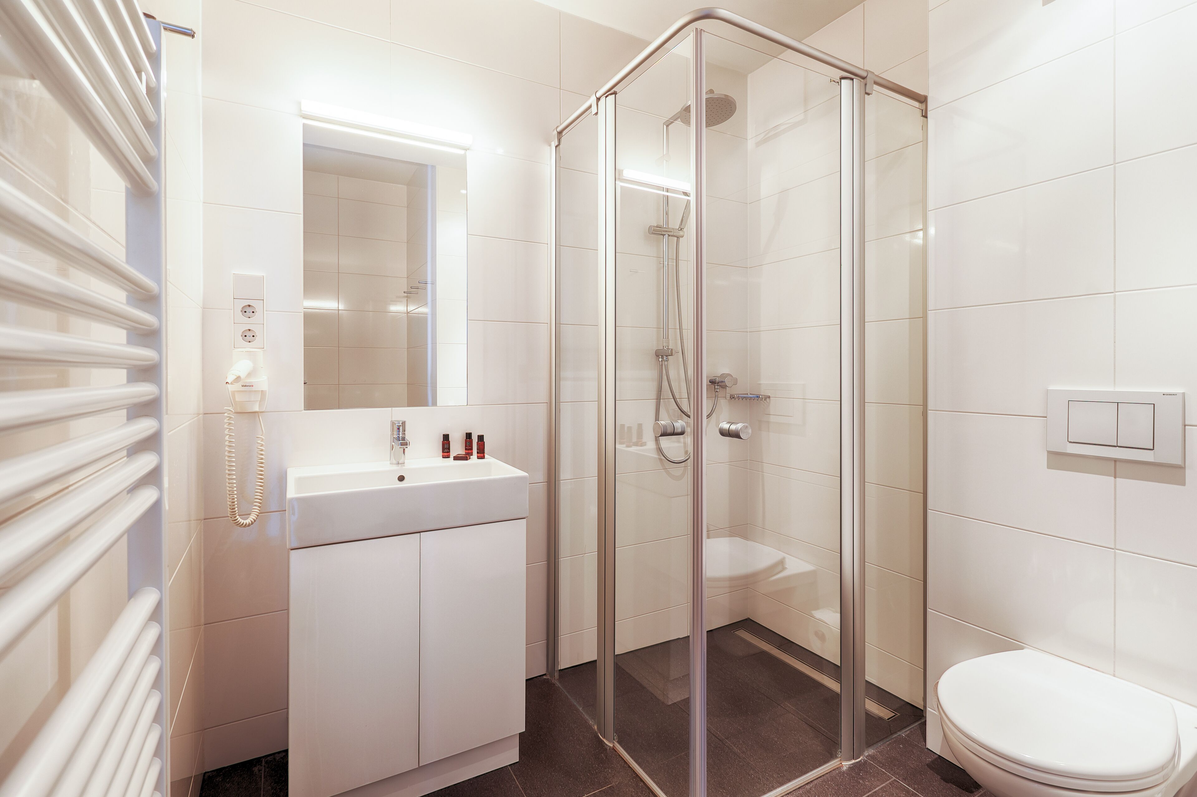 Een moderne badkamer met een douchecabine van glas, een witte wastafel met een spiegel erboven en een toilet.