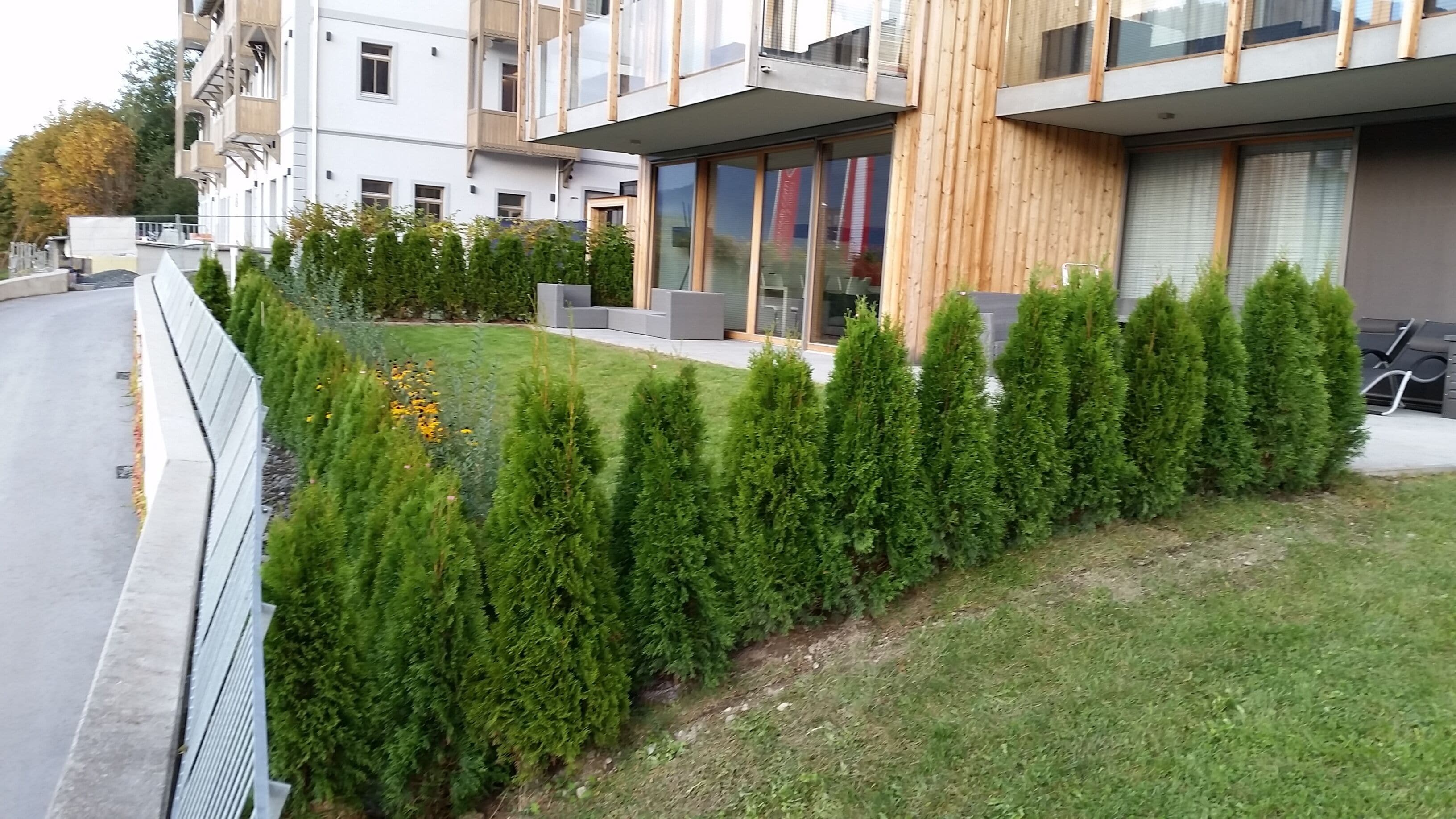 Un edificio moderno con fachada de madera, césped bien cuidado y árboles de hoja perenne podados con esmero.