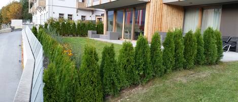 Un edificio moderno con fachada de madera, césped bien cuidado y árboles de hoja perenne podados con esmero.