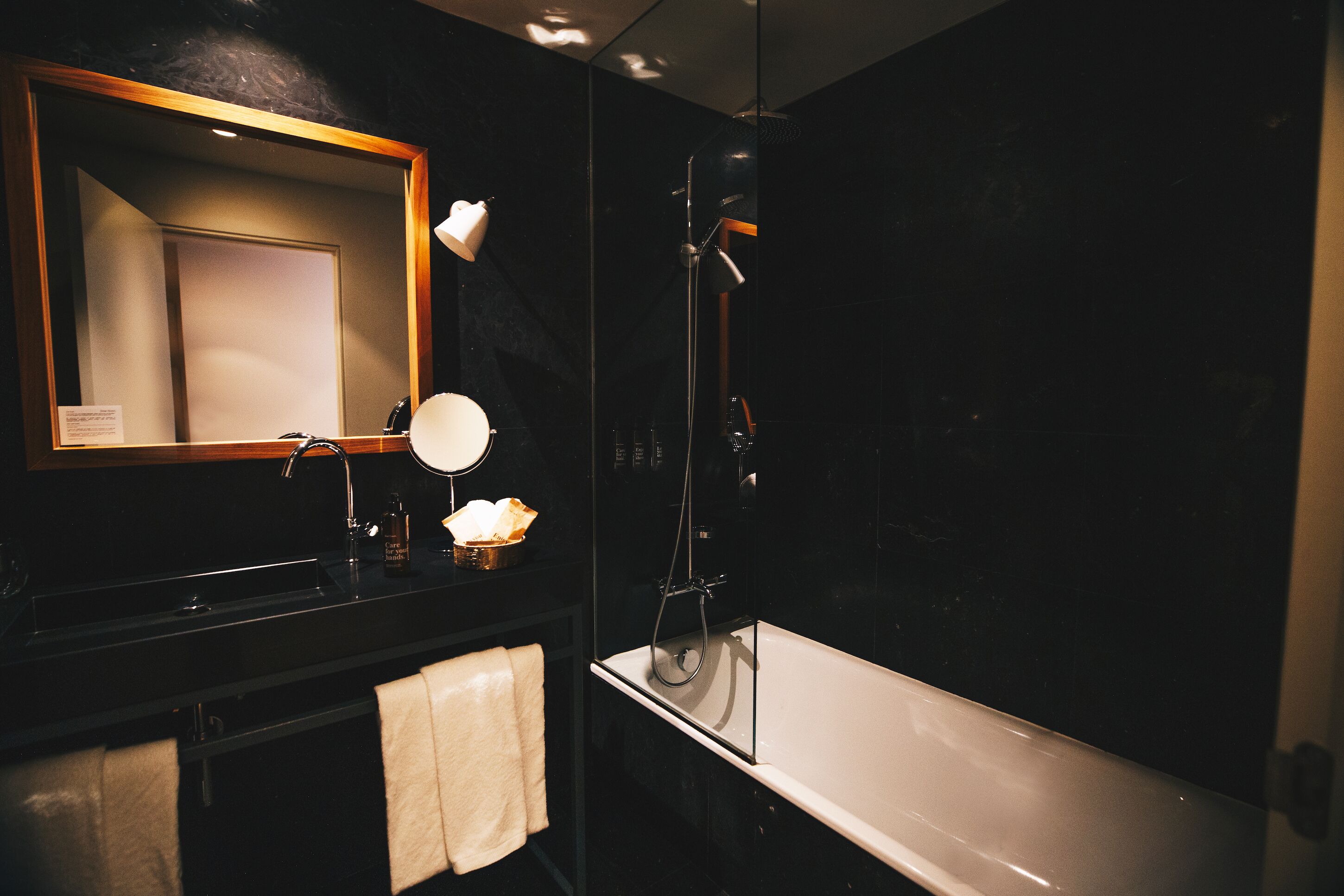 shower, rainfall showerhead, designer toiletries, hair dryer