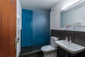 Regadera, regadera tipo lluvia, secadora de cabello, toallas