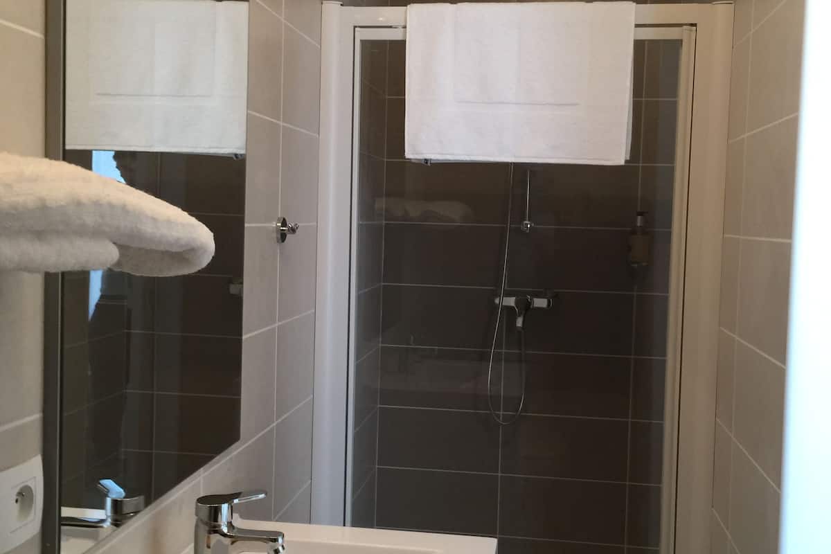 shower, free toiletries, hair dryer, towels