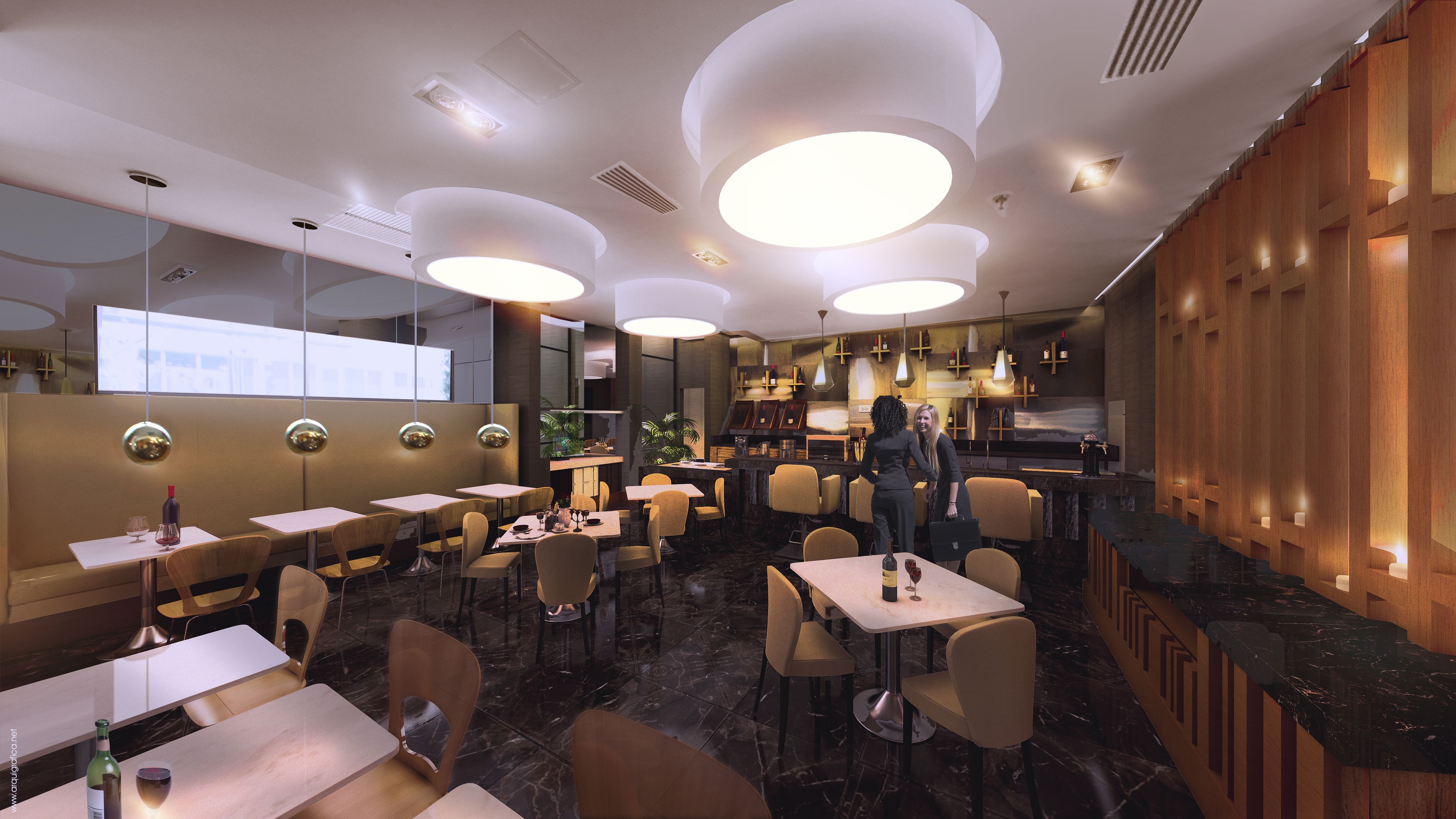 Un interior de restaurante moderno con mesas redondas, asientos de bar y una zona de bar con fondo de madera.
