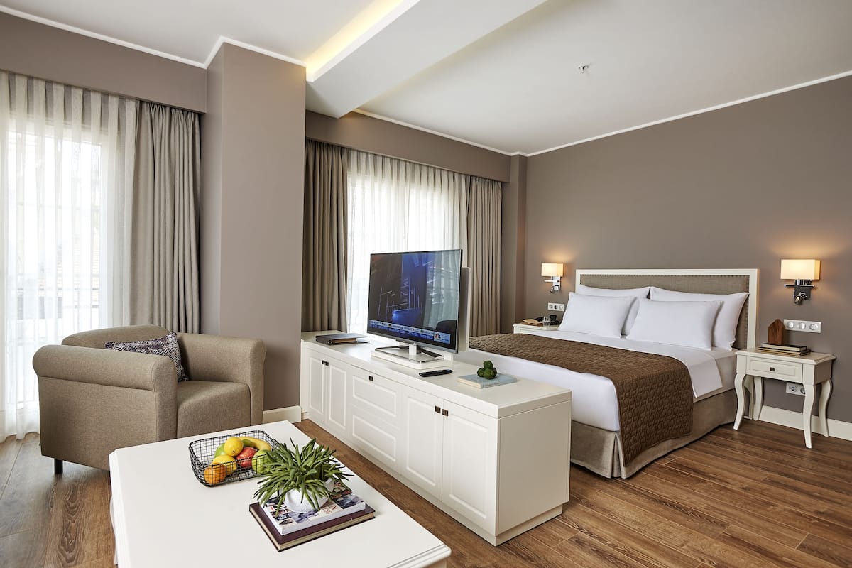 Habitación de hotel con cama, televisión, sofá, escritorio y mesa de comedor.