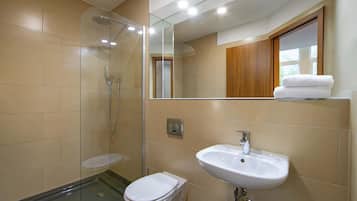 A modern bathroom with a glass shower enclosure, a toilet, and a sink.