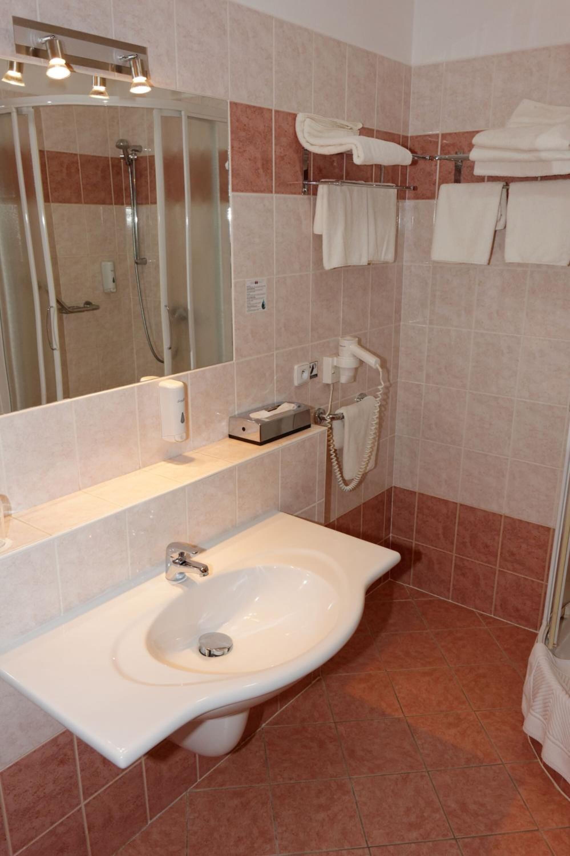 shower, free toiletries, hair dryer, towels