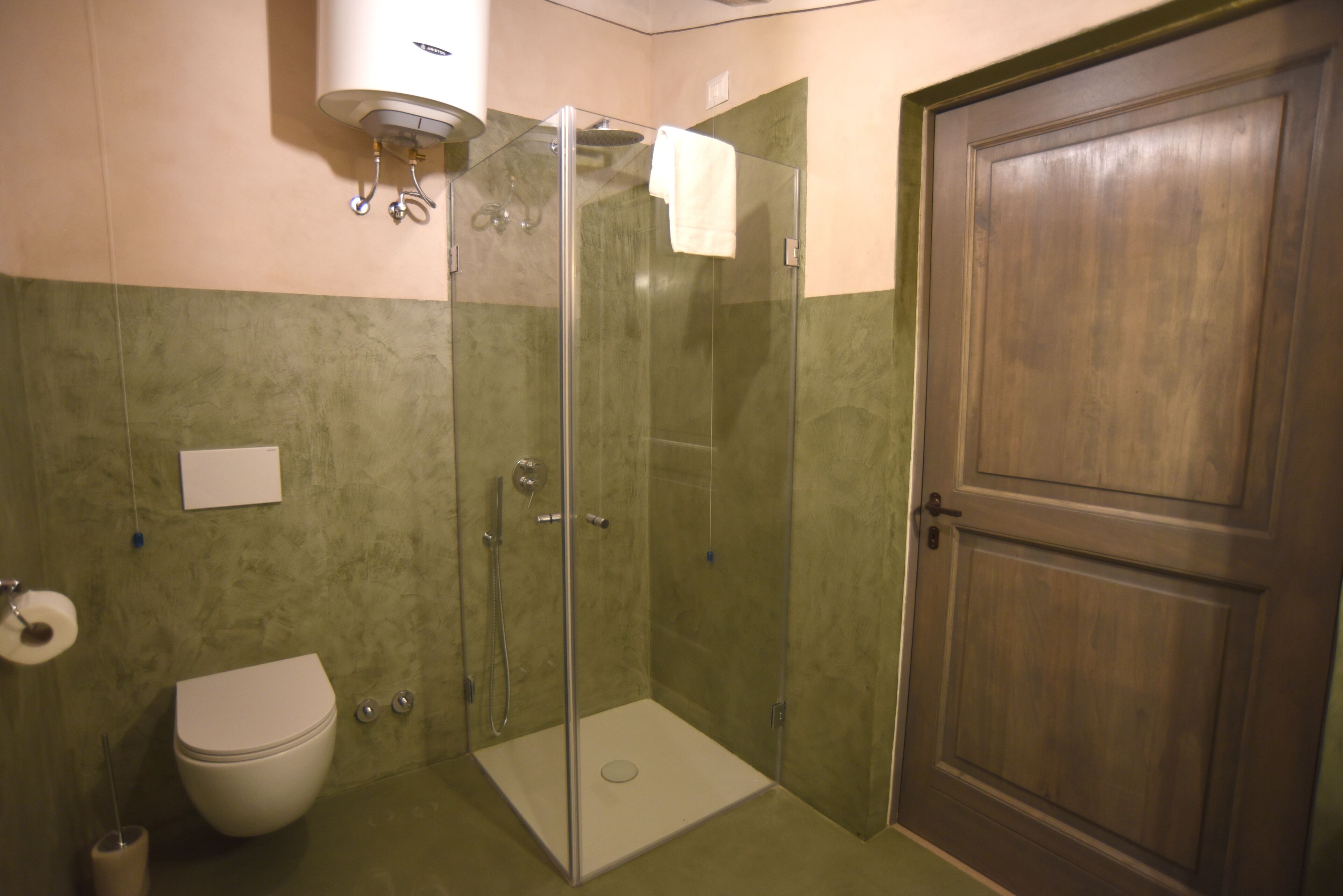 A bathroom with a glass-enclosed shower, a toilet, and a wooden door.