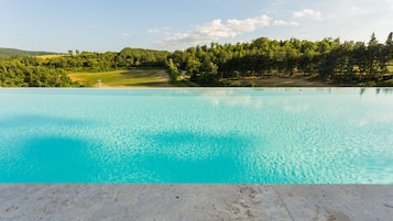 Una piscina al aire libre de temporada, sombrillas