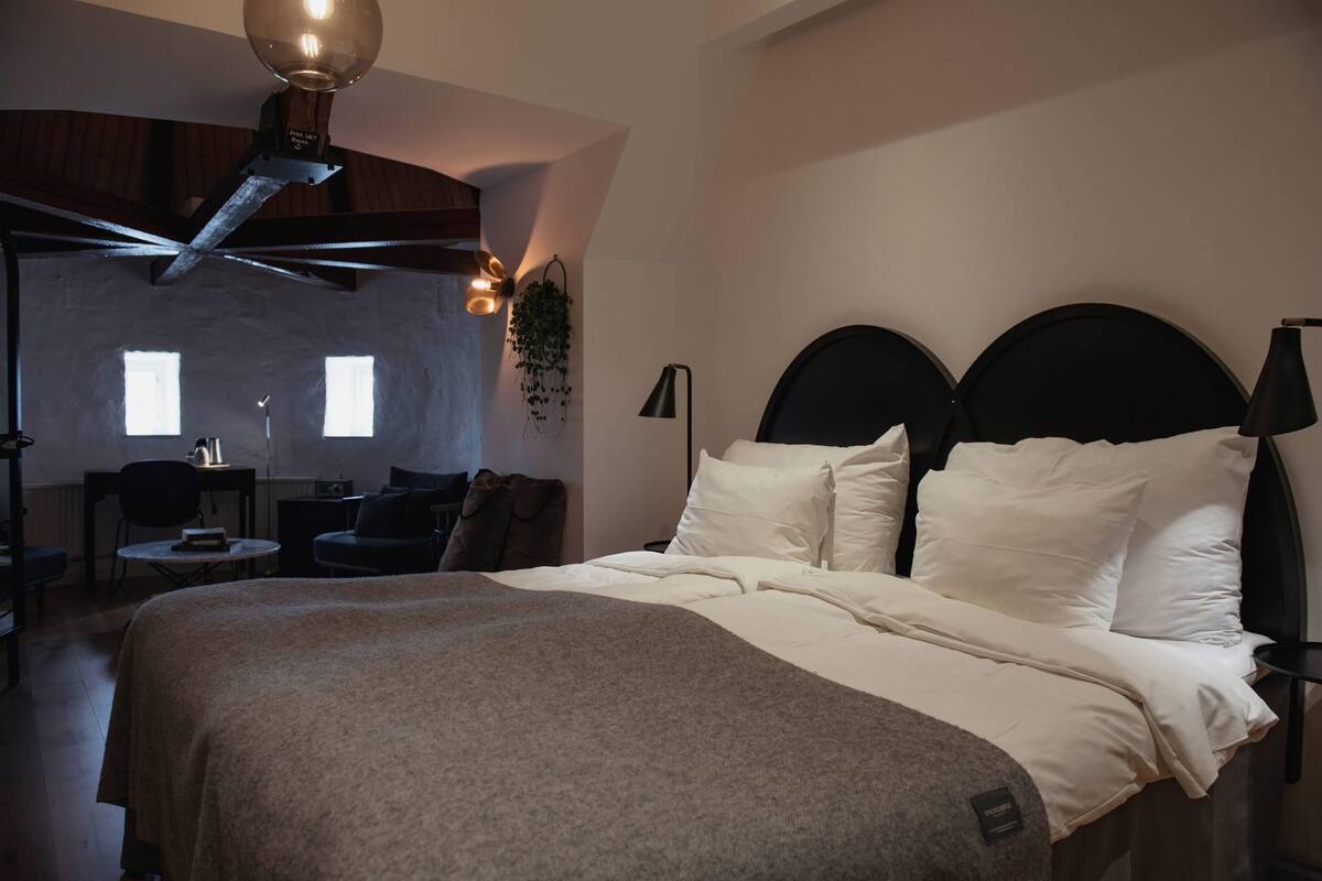A bedroom with a large bed, a desk, a chair, and a hanging plant.