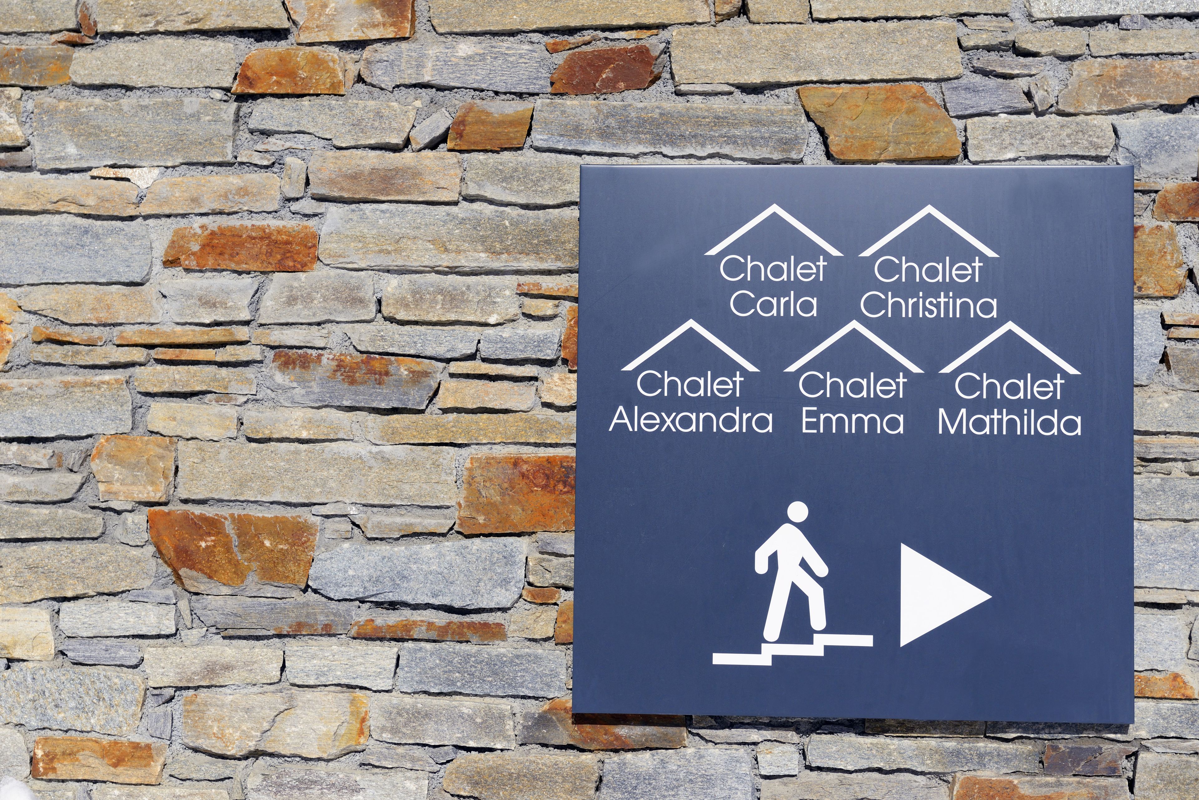 Une enseigne avec des noms et une flèche indiquant la direction, le tout sur fond de mur en pierre.