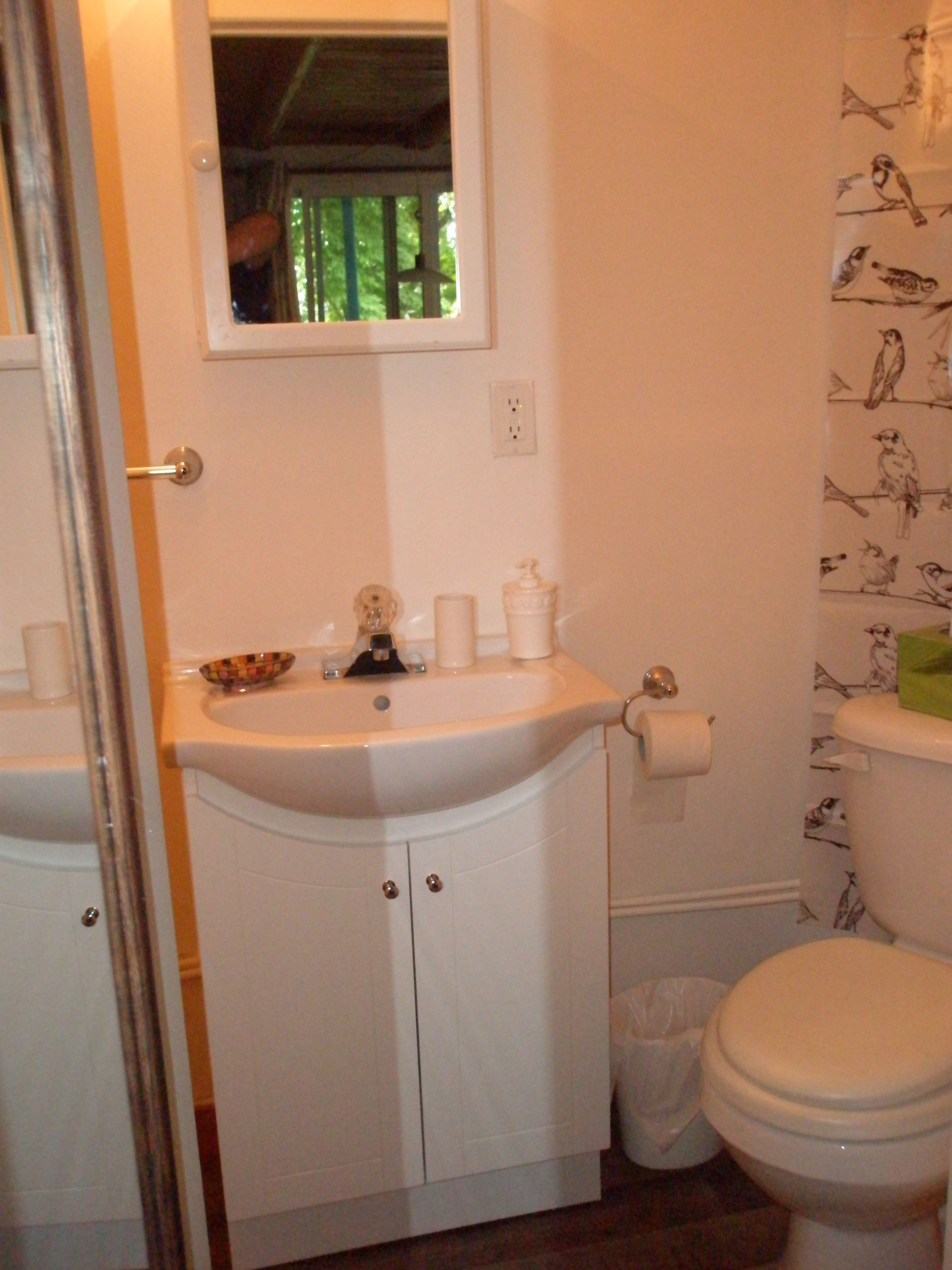 A bathroom with a white sink, mirror, and toilet. There is a window above the sink and a shower curtain with bird patterns.