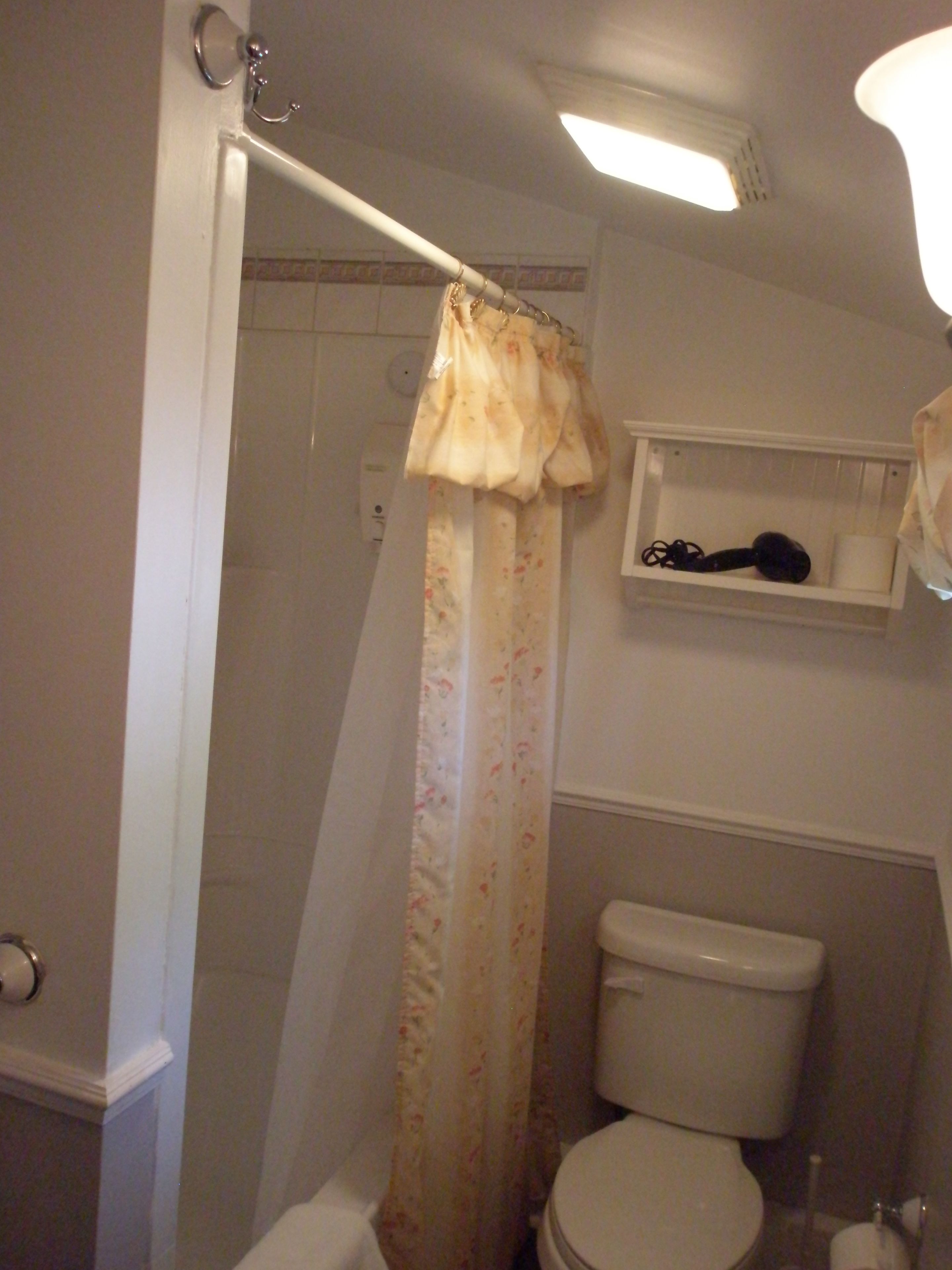 Ein Badezimmer mit Duschvorhang, Toilette und Ablagefläche mit einem Haartrockner.