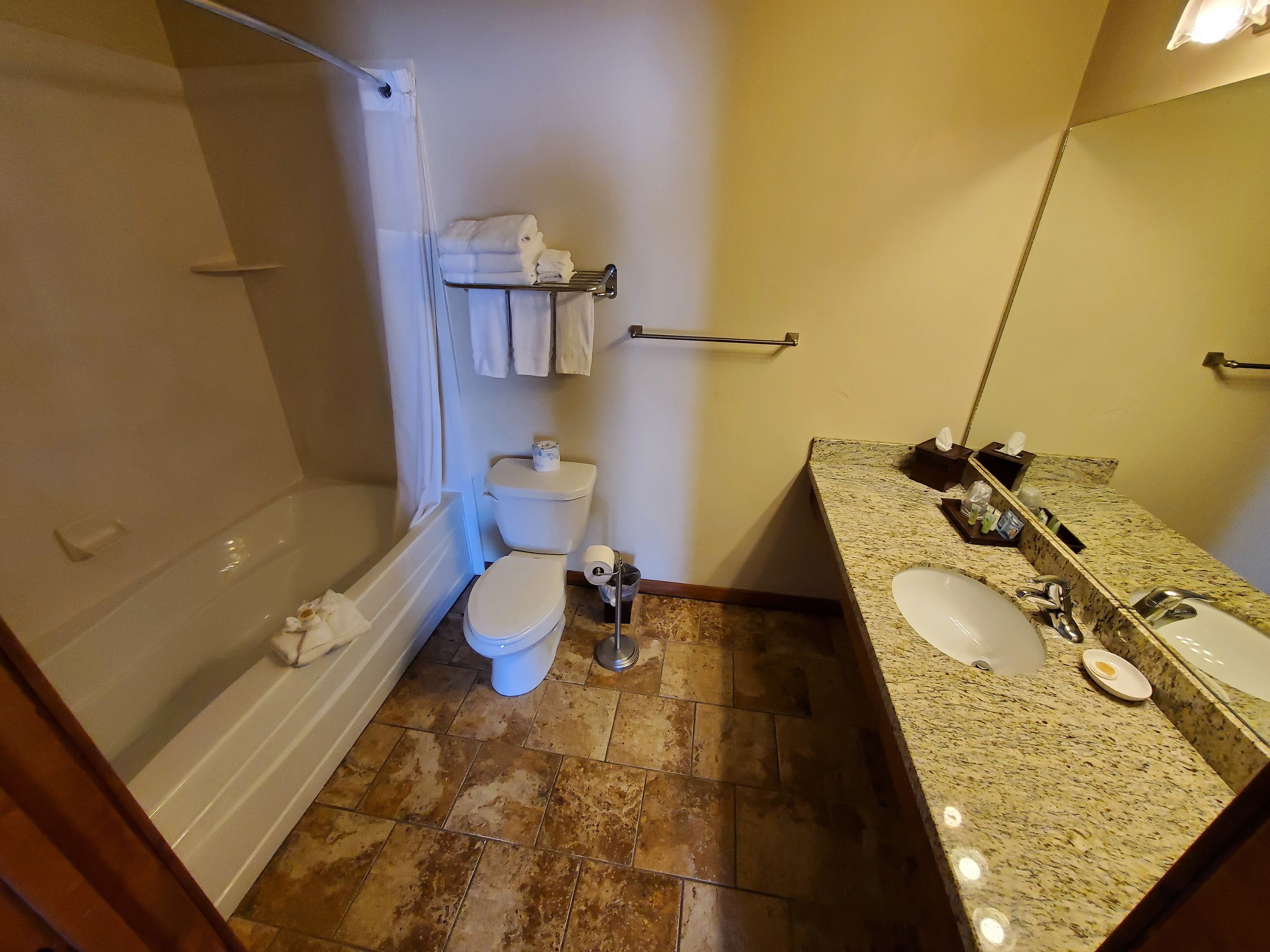 A bathroom with a shower, toilet, sink, and towel rack.