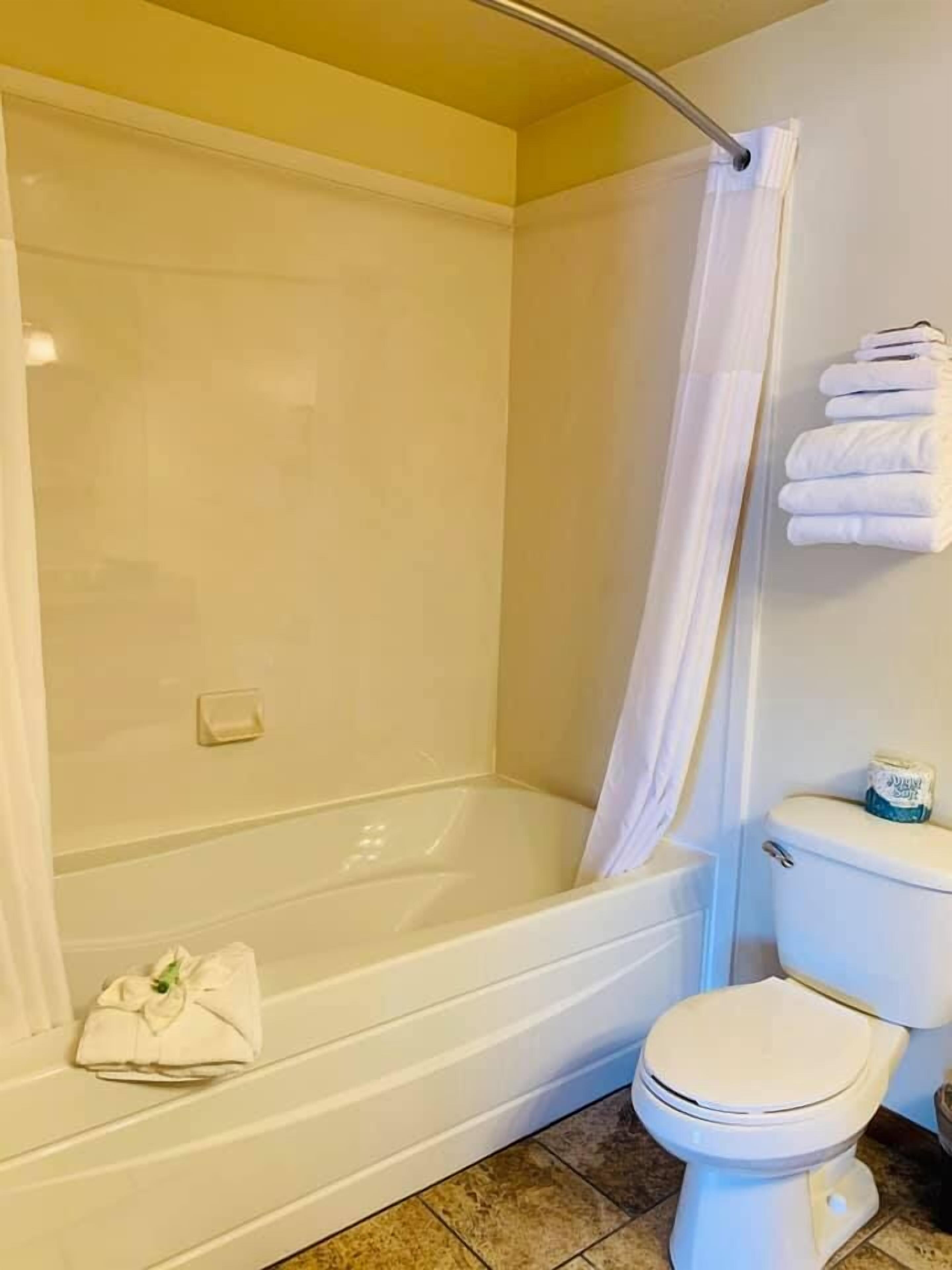 Un baño con bañera, inodoro y cortina de ducha.