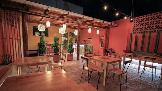 An outdoor dining area with wooden tables and chairs, potted plants, and hanging lights. - Hotel El Andariego (Oaxaca)