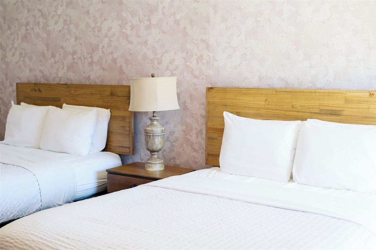 A hotel room with two beds, wooden headboards, a nightstand with a lamp, and a patterned wall.