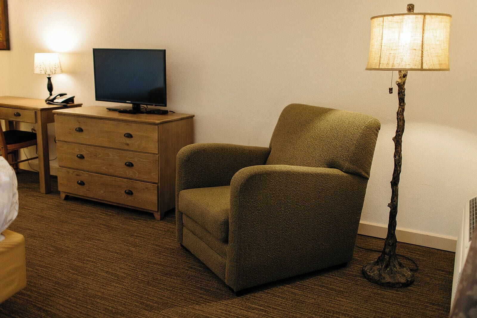 Una habitación con un aparador de madera, un televisor, un sillón verde y una lámpara de pie.