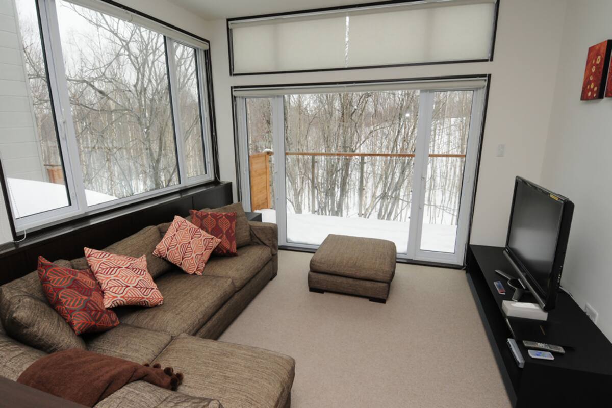 A modern living room with a sectional sofa, a small ottoman, and a flat-screen TV on a black stand. Large windows provide a view of a snowy landscape.