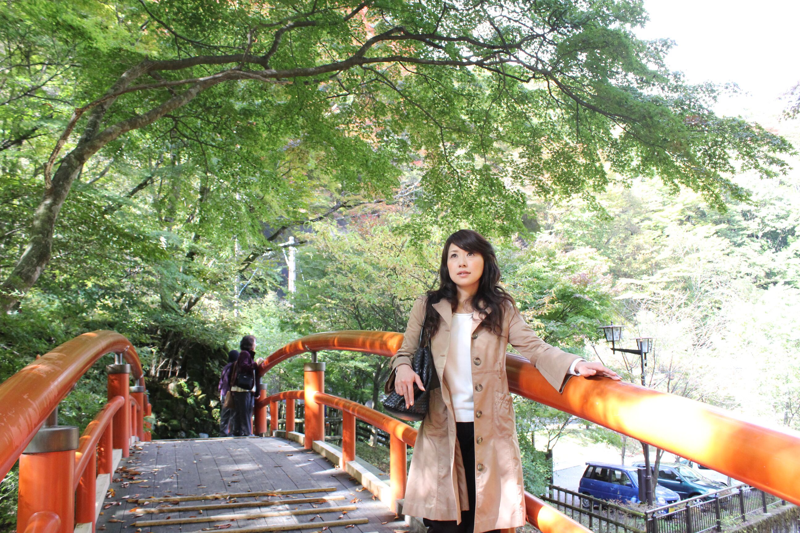 A person standing on a bridge with orange railings, surrounded by greenery.