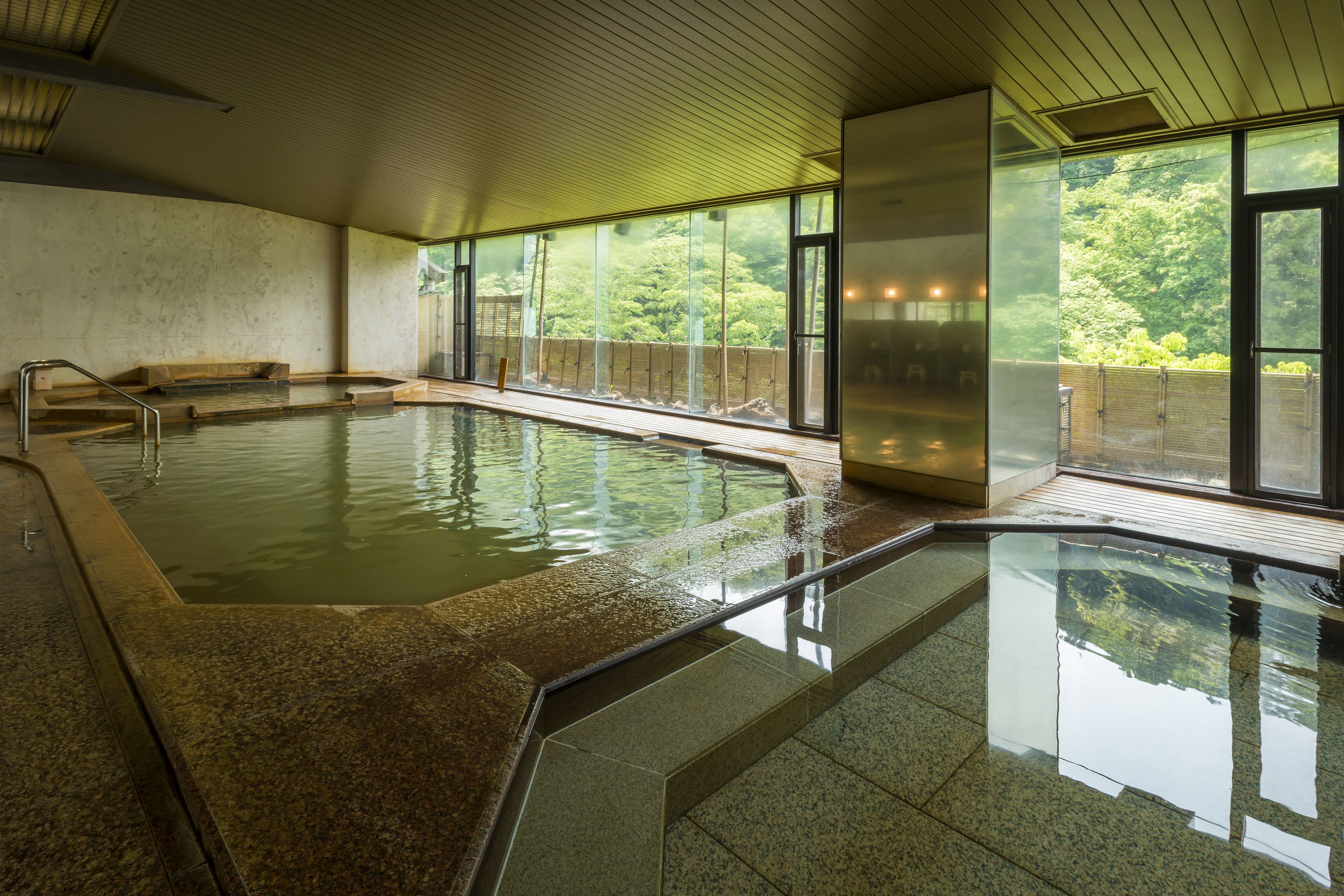 An indoor swimming pool with clear glass walls, a wooden deck, and a view of a forested area.