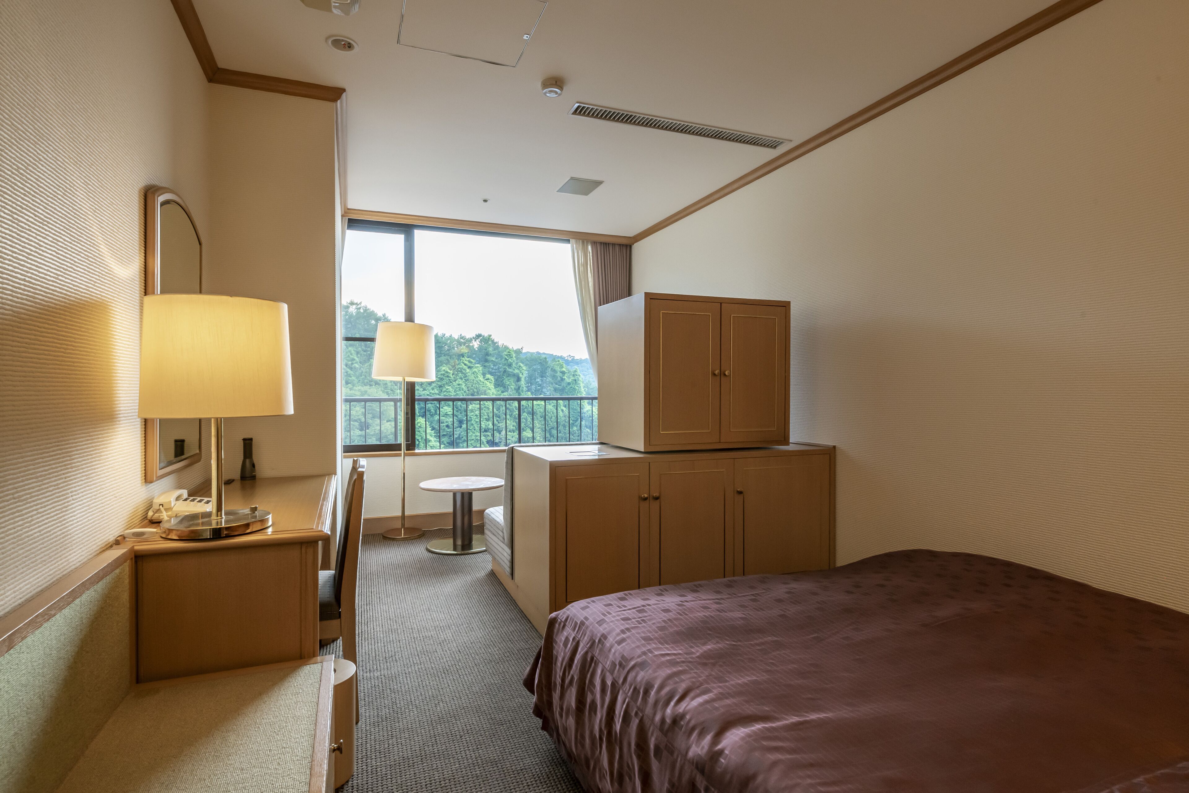 A hotel room with a bed, a desk with a lamp, a wardrobe, and a window offering a view of greenery.