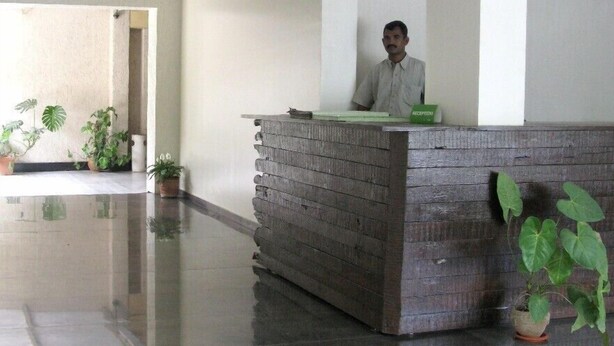Un mostrador de recepción con una persona detrás, un área de recepción con plantas en macetas y un pasillo que conduce a otra habitación.