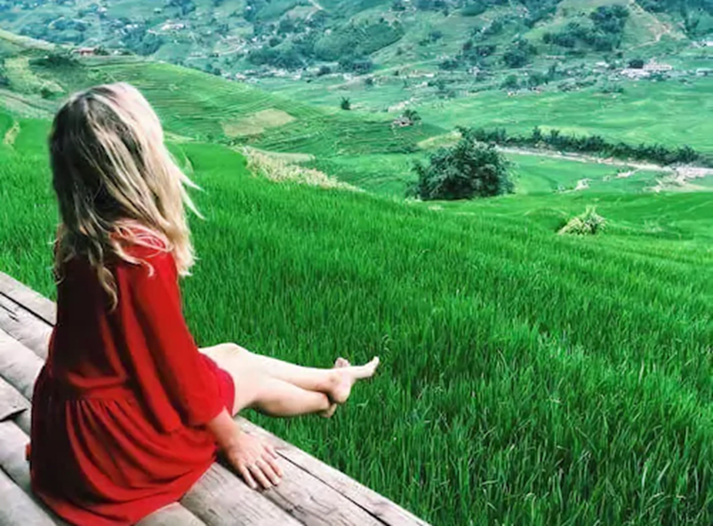 Una persona sentada en un banco de madera contemplando un paisaje verde con campos escalonados.